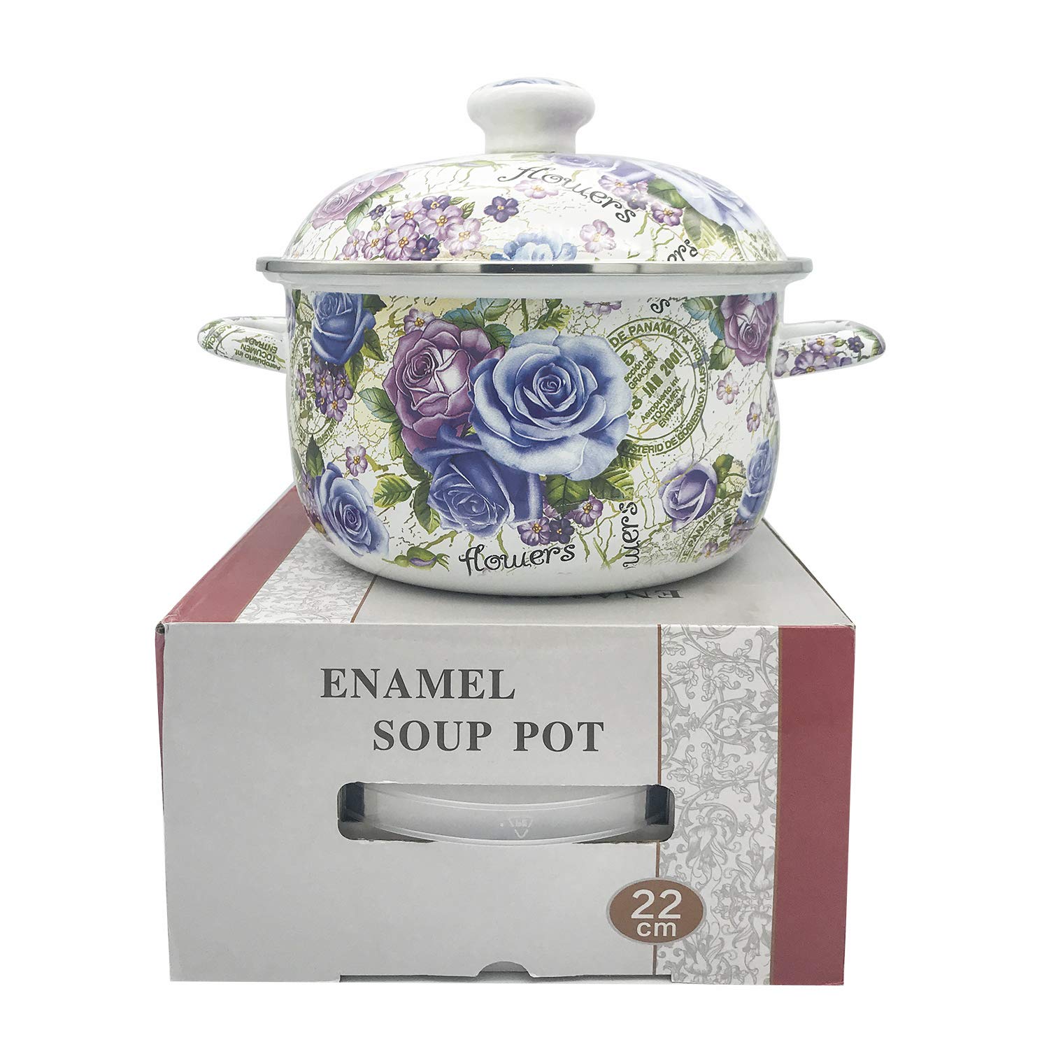 3 Quart Stainless Steel Stock Pot with Lid - Flower Enamel Design for Cooking, Boiling & Stewing - Perfect for Soups, Stews, and Large Family Meals