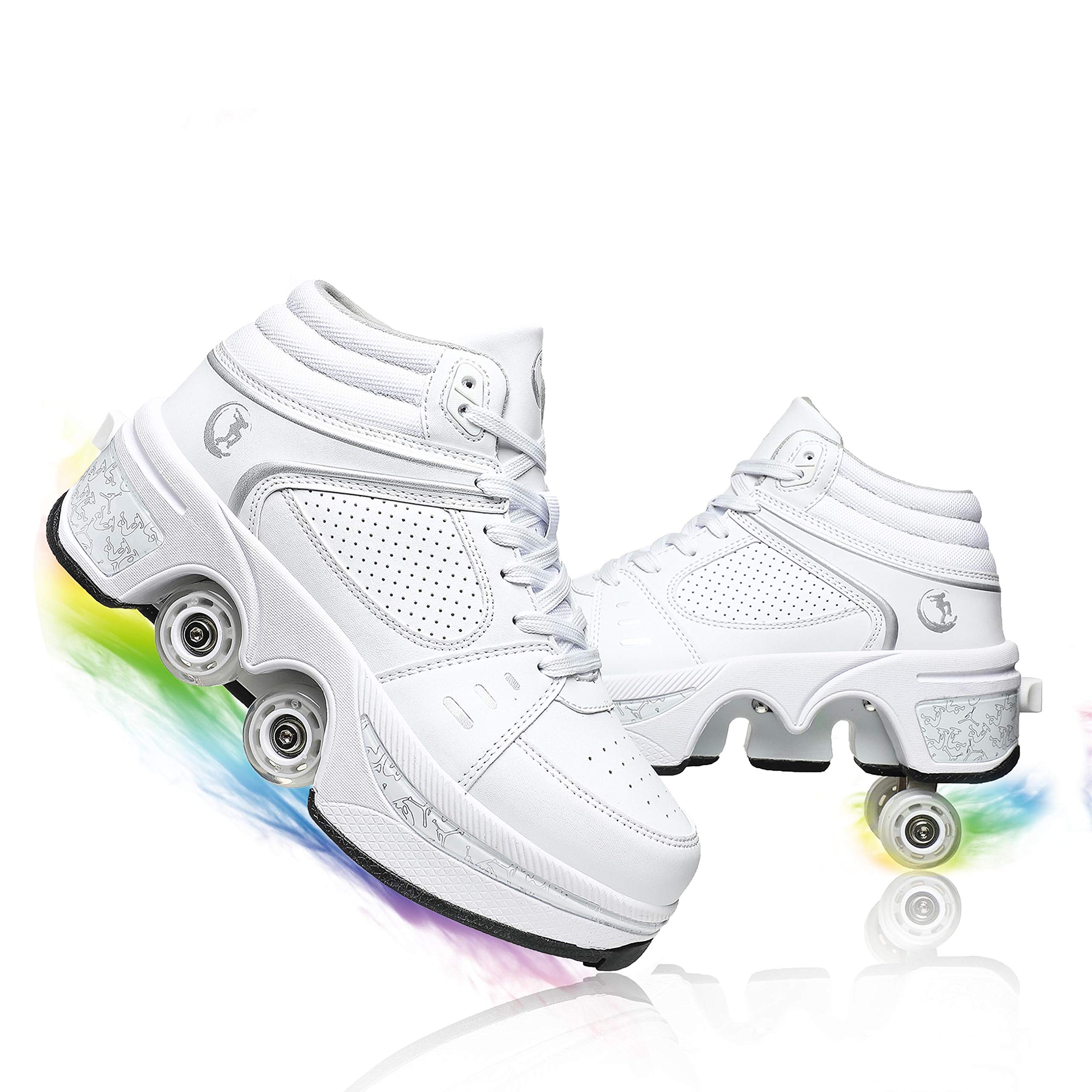 LMHX 2-in-1 Deformation Roller Skate Shoes with 4 Wheels - Adjustable Double-Row Roller Shoes for Kids, Women & Men - Perfect for Indoor/Outdoor Skating, Running & Casual Wear