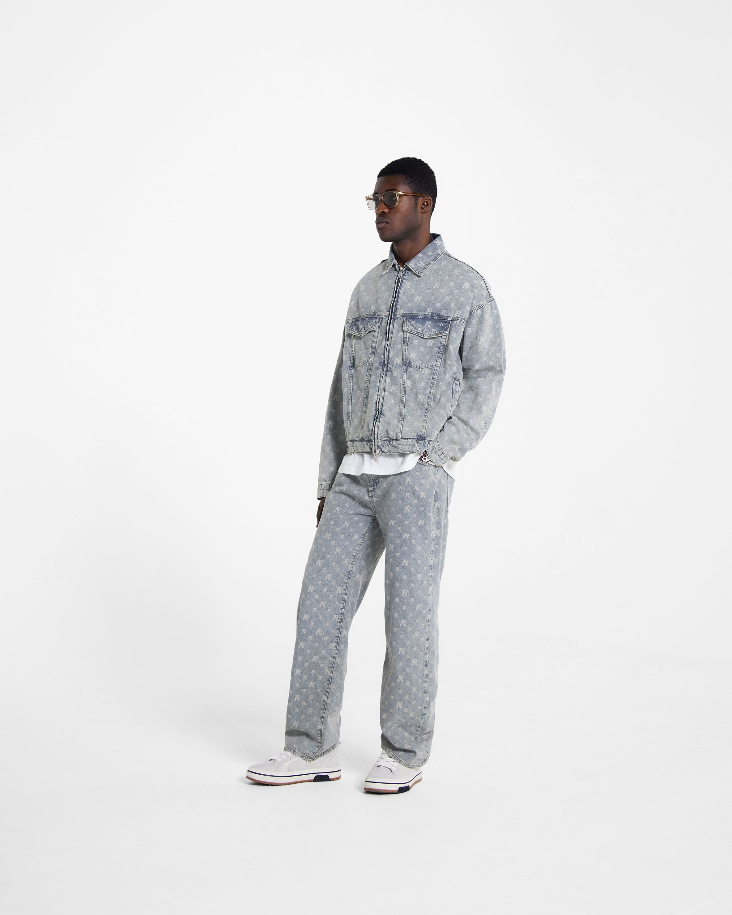 R4 Monogram Denim Jacket - Stone Wash Distressed Vintage Style for Men & Women | Perfect for Casual Outfits, Streetwear Fashion and Layering
