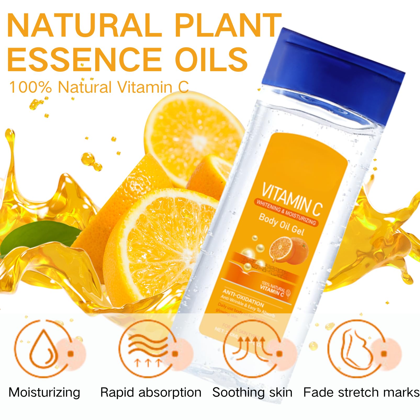 100% Natural Vitamin C Facial & Body Oil Gel for Women - Essential Oils for Skin Care, Anti-Wrinkle & Dry Skin Relief - Fast Absorbing Massage Oil (200ml, Orange) - Perfect for Daily Skincare Routine & Spa Relaxation
