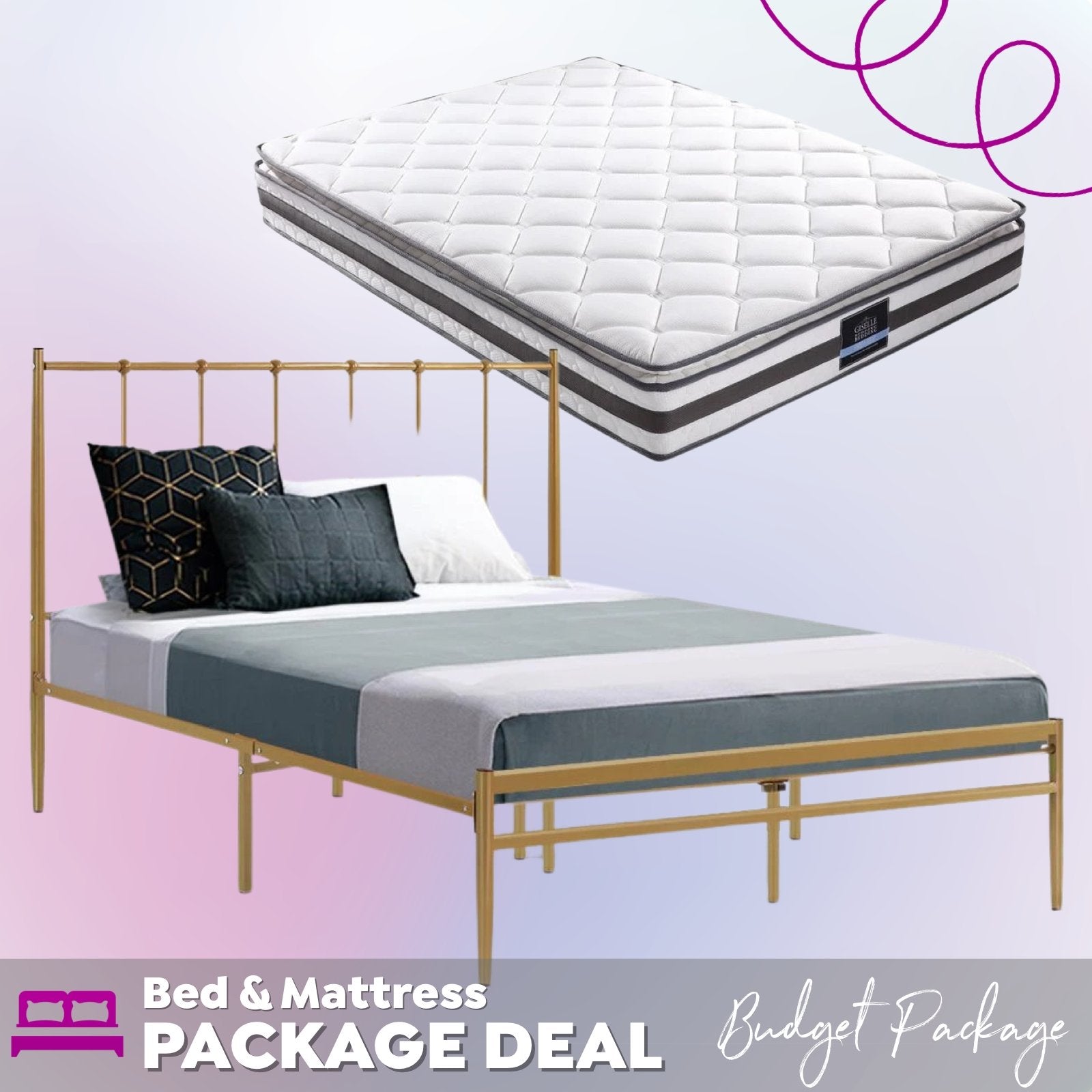 Amor Bed Gold & Normay Series Pillow Top Mattress - Medium Firm Support for Back Pain Relief - Double Package Set - Perfect for Master Bedroom, Guest Room & Apartment Sleeping