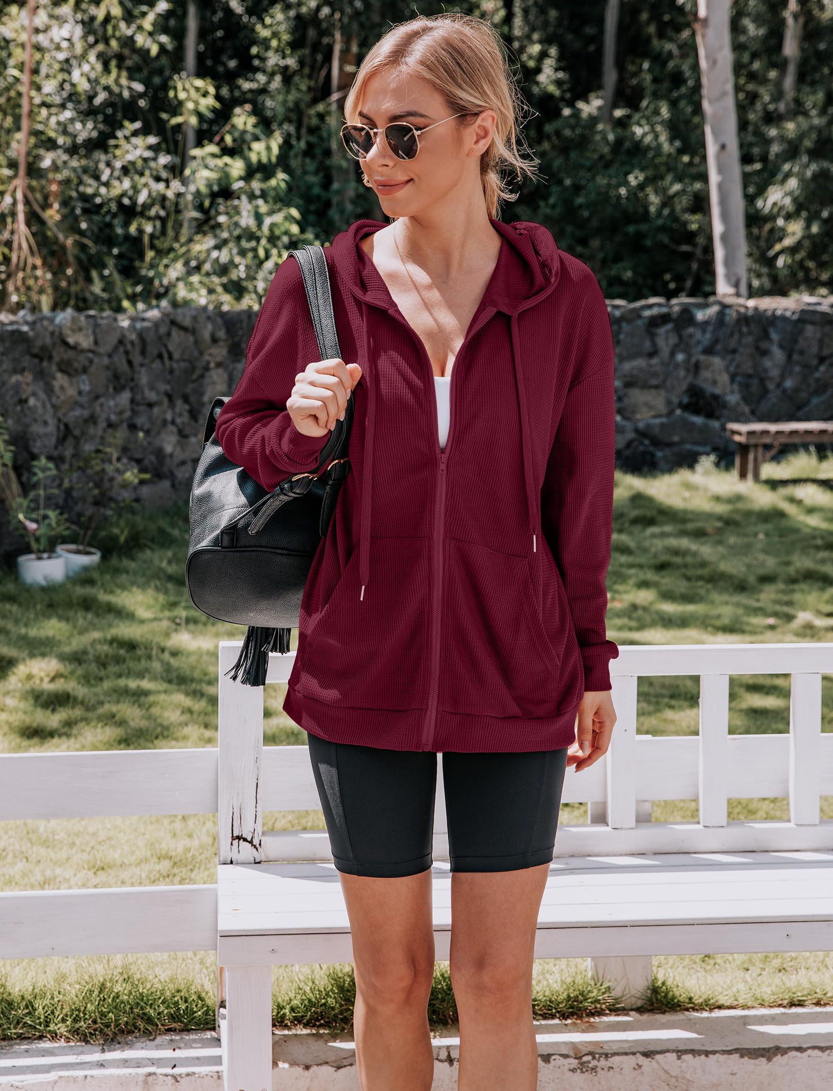 Cowasto Women's Waffle Knit Zip Up Hoodie - Casual Long Sleeve Drawstring Jacket with Hood for Fall & Winter | Perfect for Outdoor Activities, Travel & Lounge Wear