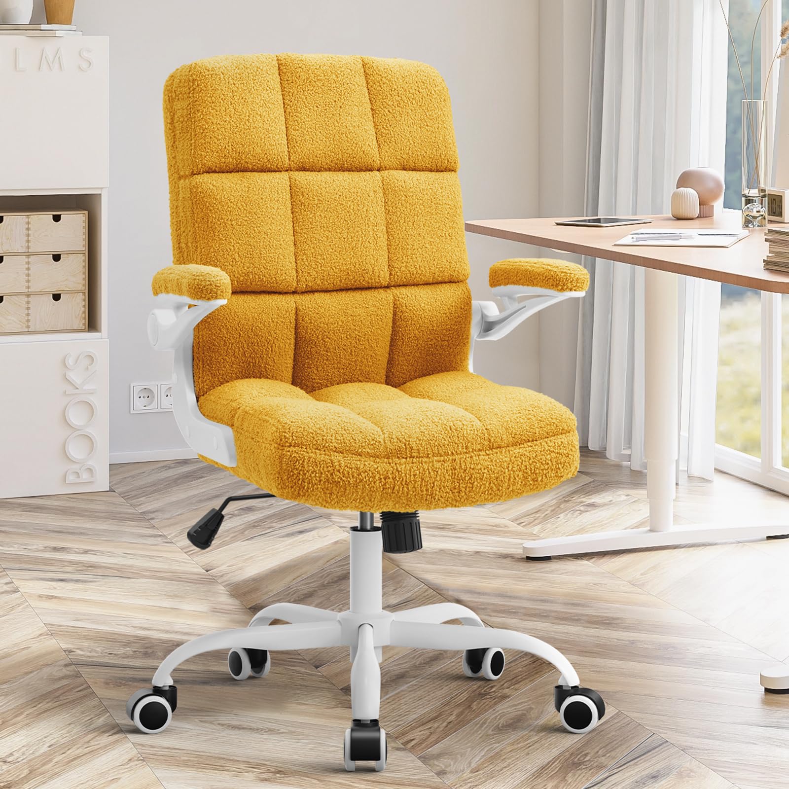 SEATZONE Yellow Office Chair with Flip-Up Armrests - Faux Fur Rolling Desk Chair with Wheels & Adjustable Back Tilt - Perfect for Home Office, Gaming, and Workspace Comfort