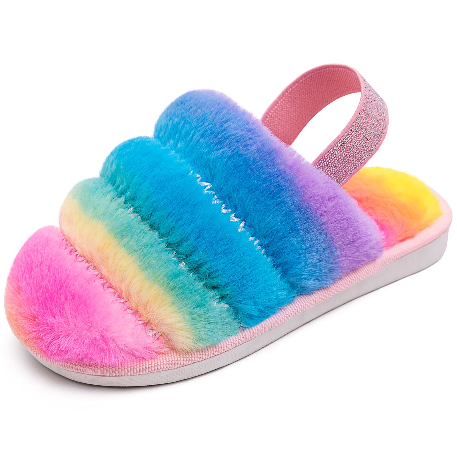 Kids Fluffy Fuzzy Slippers - Soft Faux Fur Open-Toe House Shoes for Boys & Girls | Non-Slip Slides with Adjustable Strap | Perfect for Indoor Play, Lounge & Home Comfort