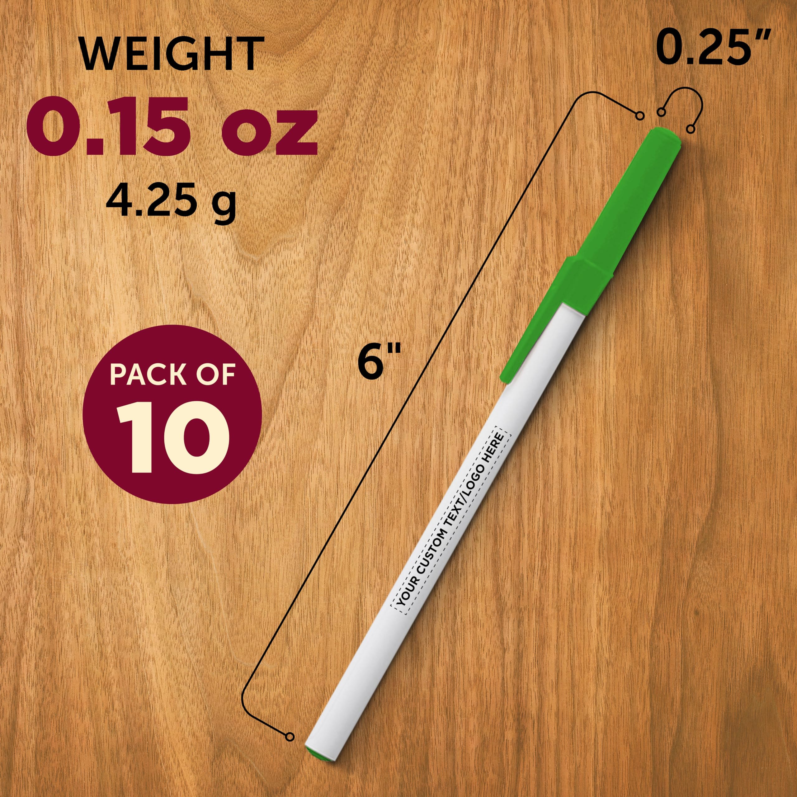 Custom Value Stick Pens Set of 10 - Personalized Bulk Pack with Black Ink - Premium Promotional Pens for Office, School, Business, Tradeshows & Events - Perfect for Branding, Giveaways & Corporate Gifts (Green)