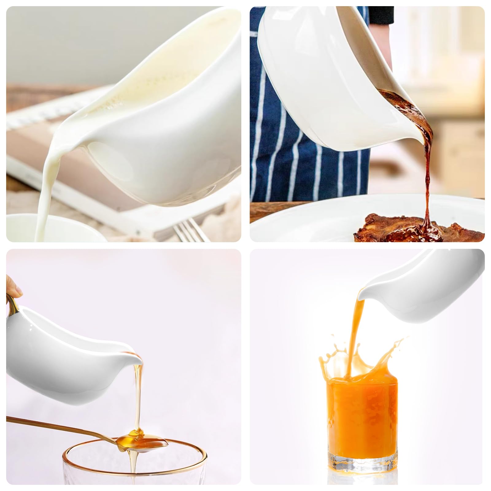 White Ceramic Gravy Boat with Gold Trim - Dripless Spout for Sauces & Dressings - Kitchen Serving Essential