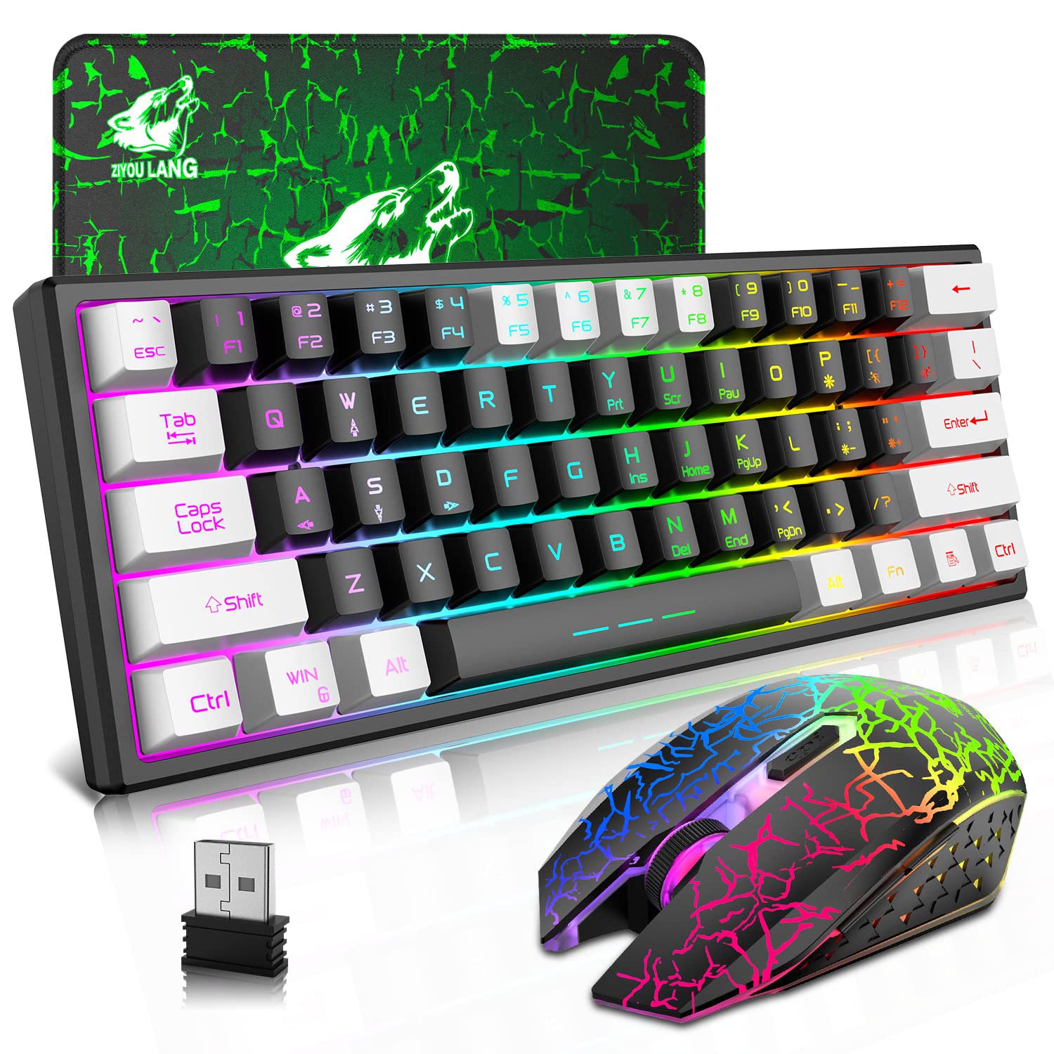 Wireless Gaming Keyboard and Mouse Combo - 61 Key RGB Backlit Mechanical Feel Keyboard with 4000mAh Rechargeable Battery, Ergonomic Quiet Waterproof Design for PC, PS4, Xbox One - Perfect for Gaming, Office Work & Home Entertainment