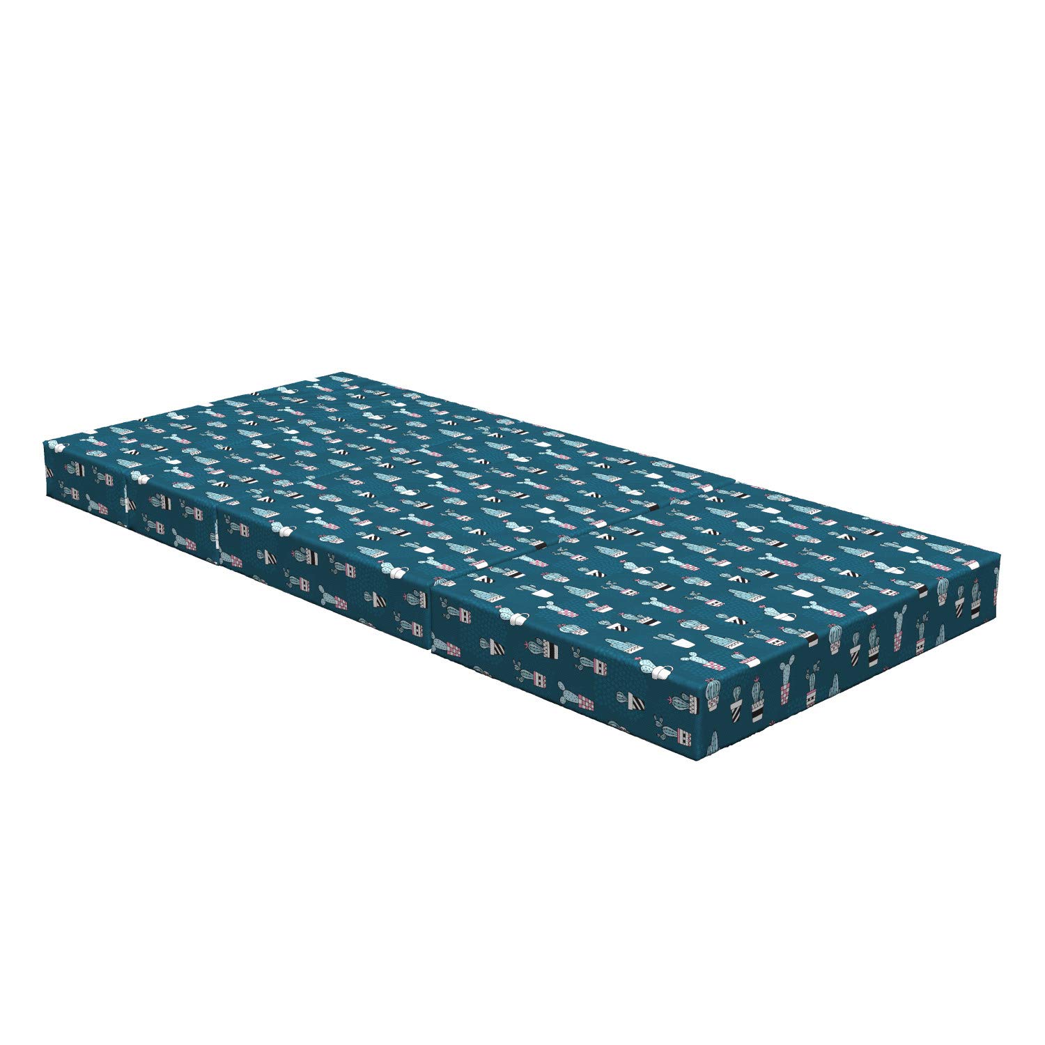 Ambesonne Cactus Foldable Mattress - Funny Succulents in Pots Design, 74.8 x 35.4 Inches, Petrol Blue Multicolor - Perfect for Guest Beds, Dorm Rooms & Camping Trips