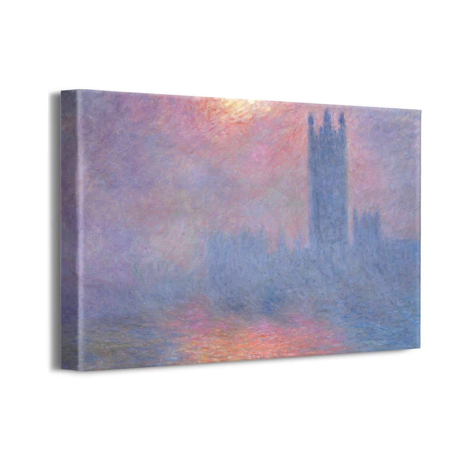 Claude Monet Houses of Parliament Sunlight Painting - Framed Canvas Wall Art 16x12 Inches, Impressionist Home Decor for Living Room, Office & Gifts