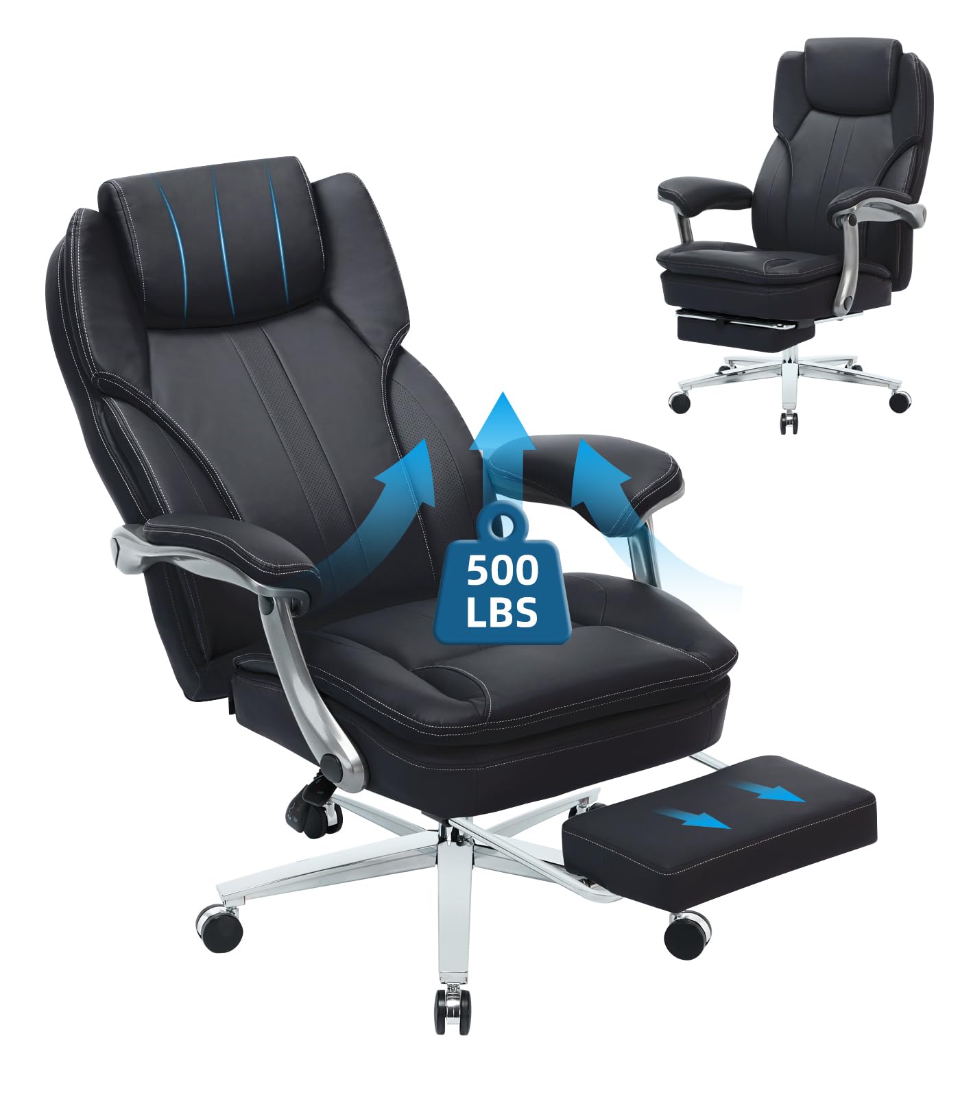 Big and Tall Office Chair with Footrest - Ergonomic High Back Executive Chair, Extra Wide Armrests, 500LBS Weight Capacity, PU Leather Managerial Desk Chair, 90-135° Reclining - Perfect for Home Office, Gaming, and Long Work Sessions