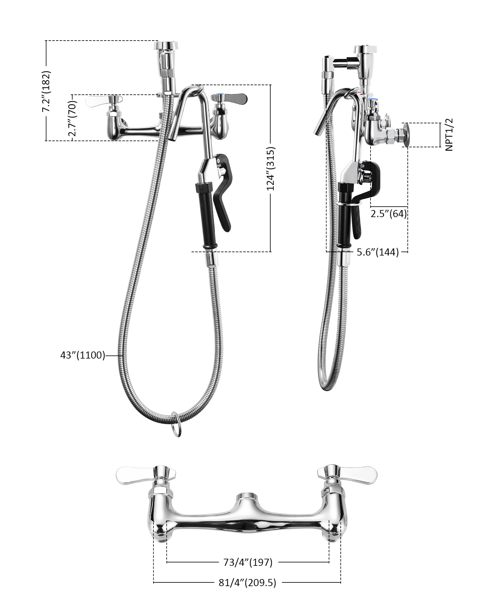 Commercial Brass Pot Filler Faucet - Wall Mount Kitchen Faucet with 43