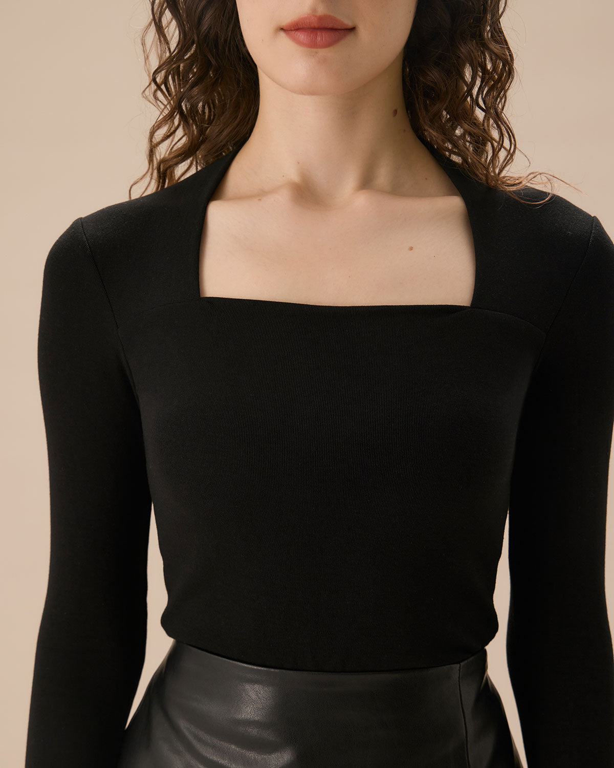 Black Square Neck Slim Knit Tee - Women's Stretch Fitted Basic Top for Casual Wear & Layering | Perfect for Office, Date Night & Everyday Outfits