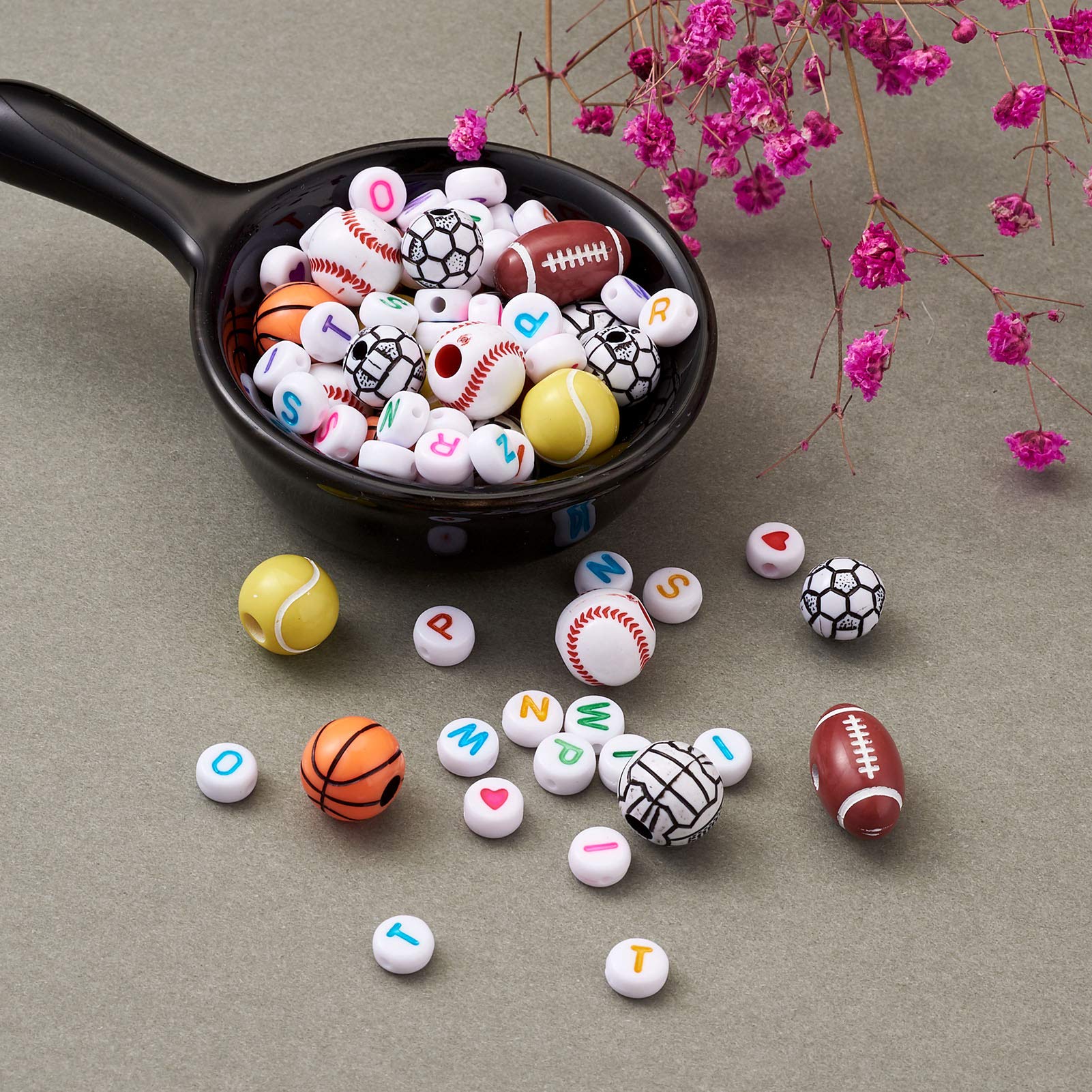 630pcs Assorted Sports Acrylic Beads - Flat Round Heart Alphabet Pony Beads for DIY Bracelets, Jewelry Making & Home Crafts | Perfect for Kids' Activities, Party Favors & Friendship Bracelets