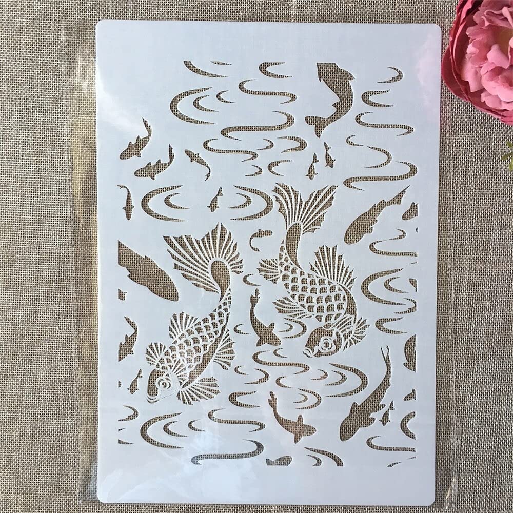 Reusable A4 29cm River Carp Fish Painting Stencils for DIY Scrapbooking, Furniture, Wall & Floor Decor - Perfect for Home, Office & Craft Projects