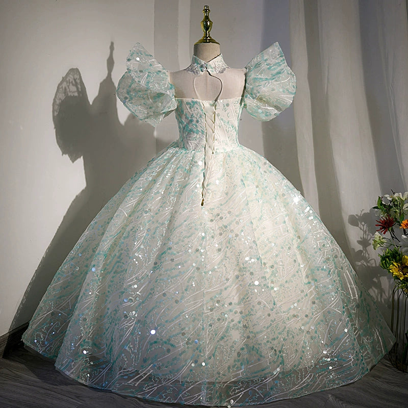 Elegant Mint Green Princess Floor-Length Sequined Flower Girl Dress for Weddings, Pageants & Special Occasions
