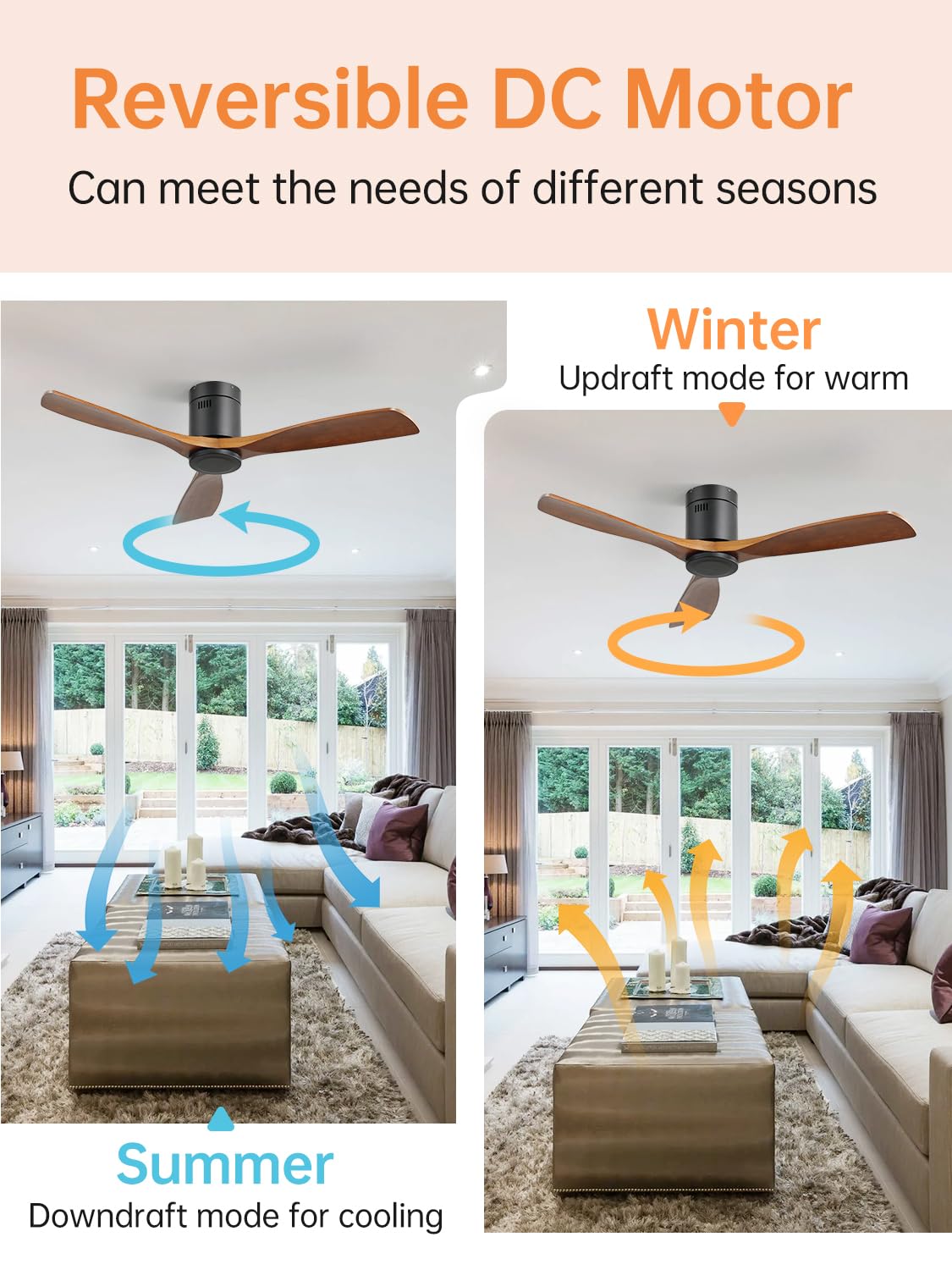 52 Inch Low Profile Flush Mount Wood Ceiling Fan with Remote - No Lights, 3 Blades, Reversible DC Motor, Ultra Quiet - Perfect for Indoor Farmhouse, Bedroom, Living Room & Outdoor Patio, Porch Use