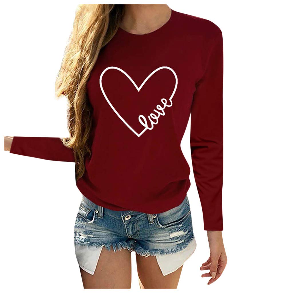 Women's Casual Letter Print Long Sleeve Heart-Shaped Blouse - Summer Tops O Neck Shirt for Women | Perfect for Office Wear, Date Nights & Casual Outings