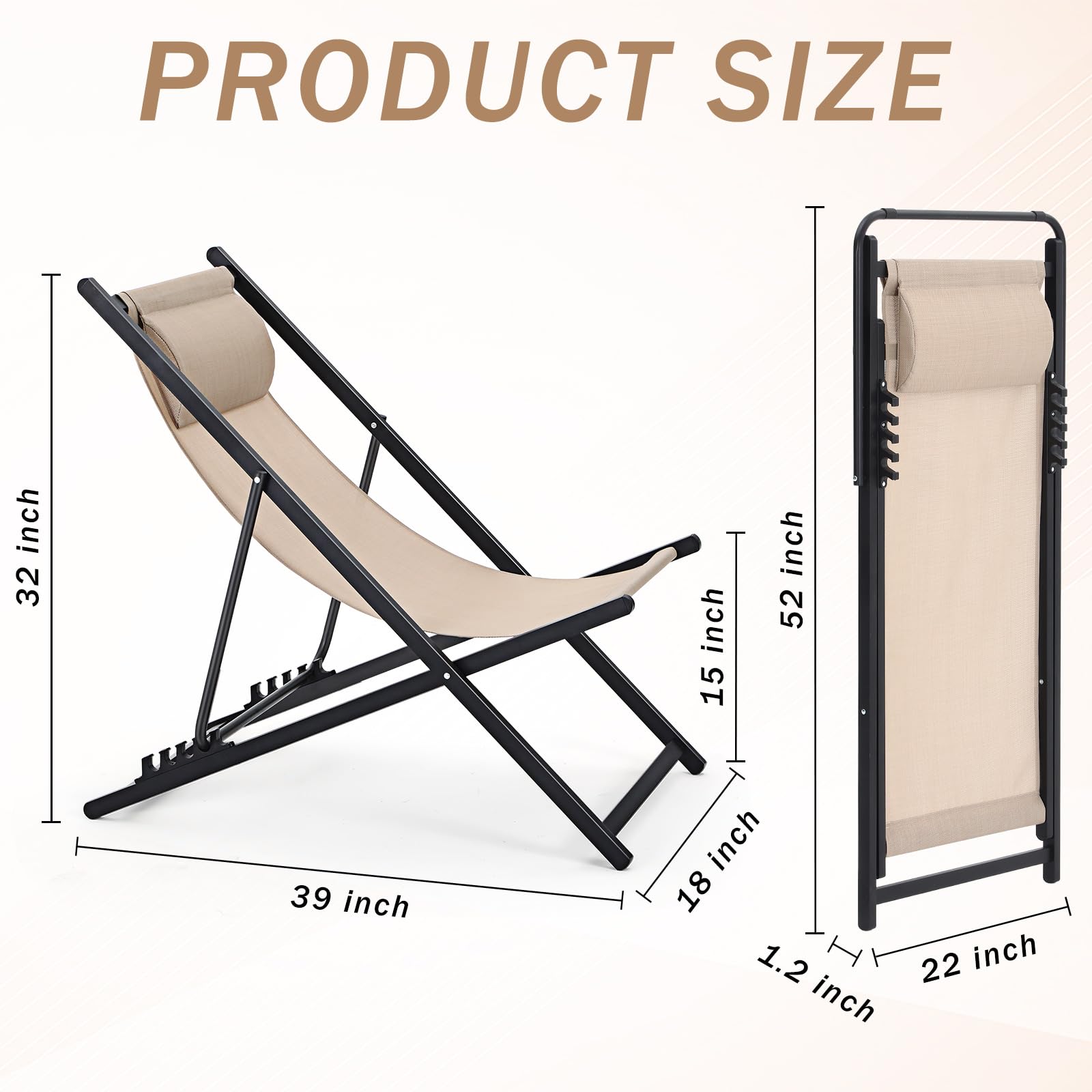 2 Pack Foldable Outdoor Lounge Chairs with Adjustable Headrest - Portable Patio Sling Chairs with 5-Level Height Adjustment & Aluminum Frame - Perfect for Beach, Pool, Camping, Garden, Yard, and Lawn Relaxation (Beige)