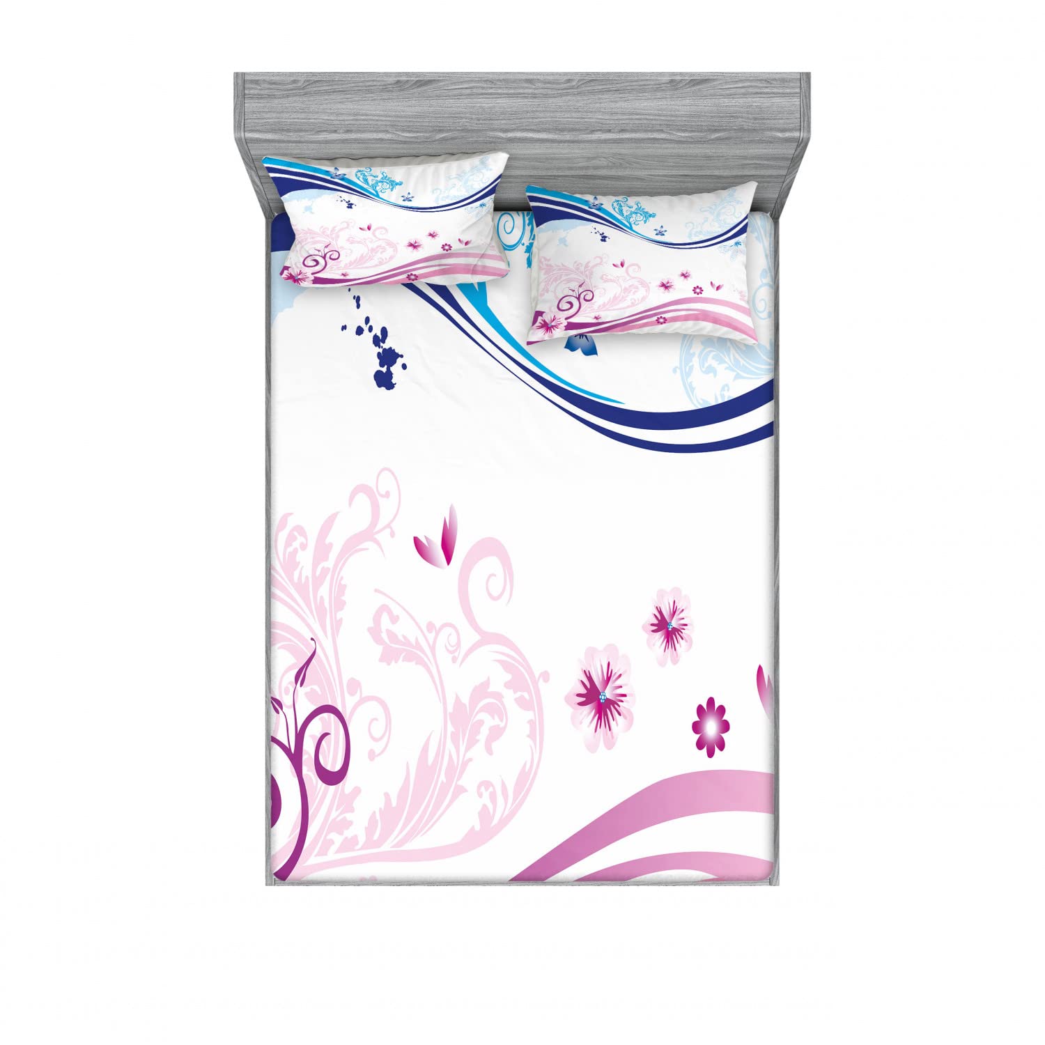 Ambesonne Modern 2-Pack Queen Size Fitted Sheet & Pillow Sham Set - Ivy Flower Leaves Nature Design, Dark Blue Lilac 4-Piece Bedding Set (2 Fitted Sheets + 4 Pillow Covers) for Cozy Bedroom Decor & Guest Room Essentials