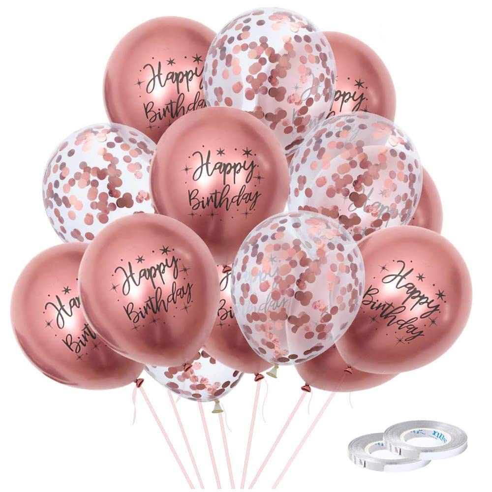 GIHOO 12 Inch 50-Pack Rose Gold Chrome Metallic Latex Balloons - Happy Birthday Printed & Confetti Balloons for Baby Shower, Birthday Party Decorations | Perfect for Wedding, Anniversary, Bridal Shower & Special Events