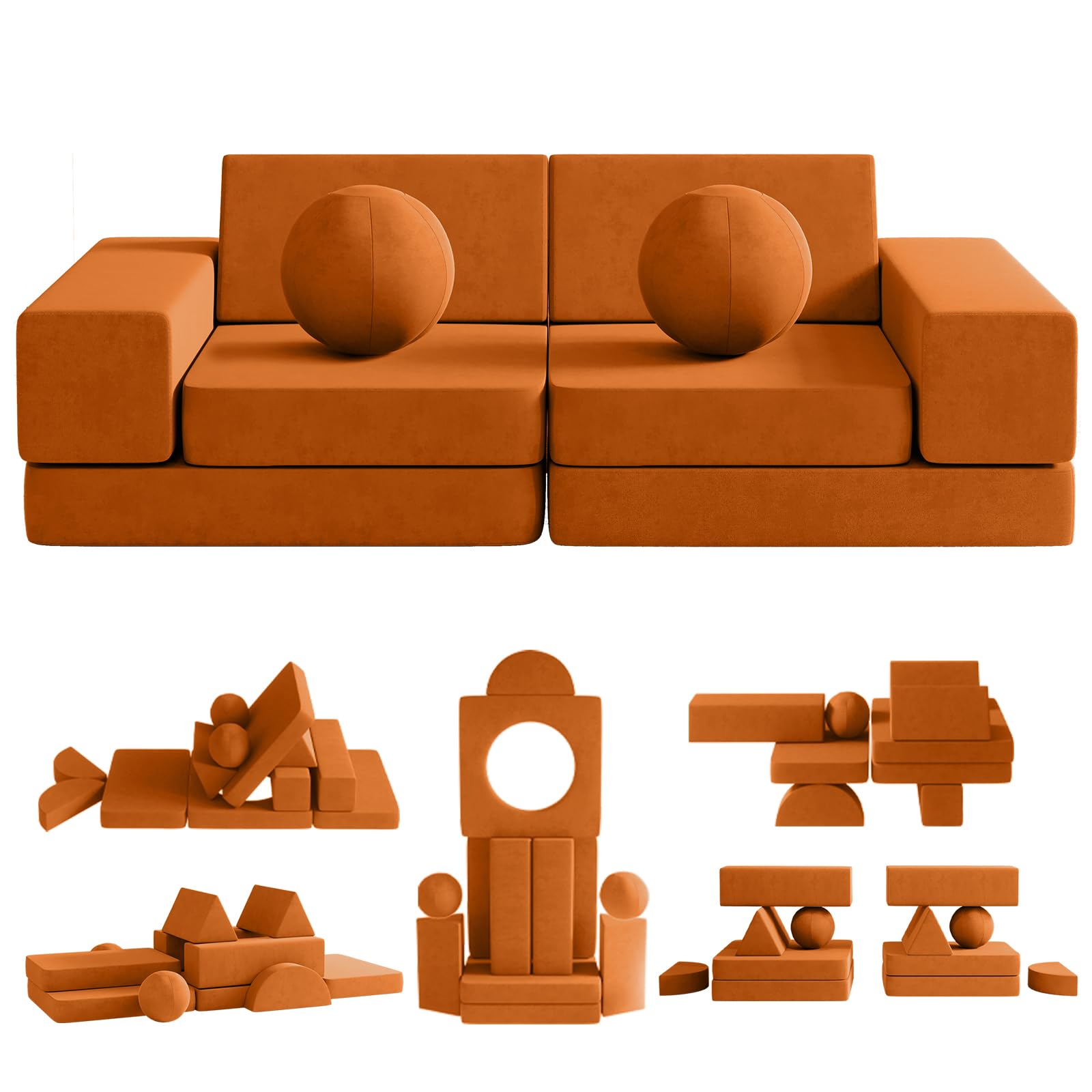 Wanan Kids Couch - 12 Piece Modular Toddler Sofa Set with 2 Balls & Play Tunnel, Light Brown Playroom Furniture for Creative Games, Kickball & Pitching | Perfect for Indoor Play, Birthday Gifts & Daycare Centers
