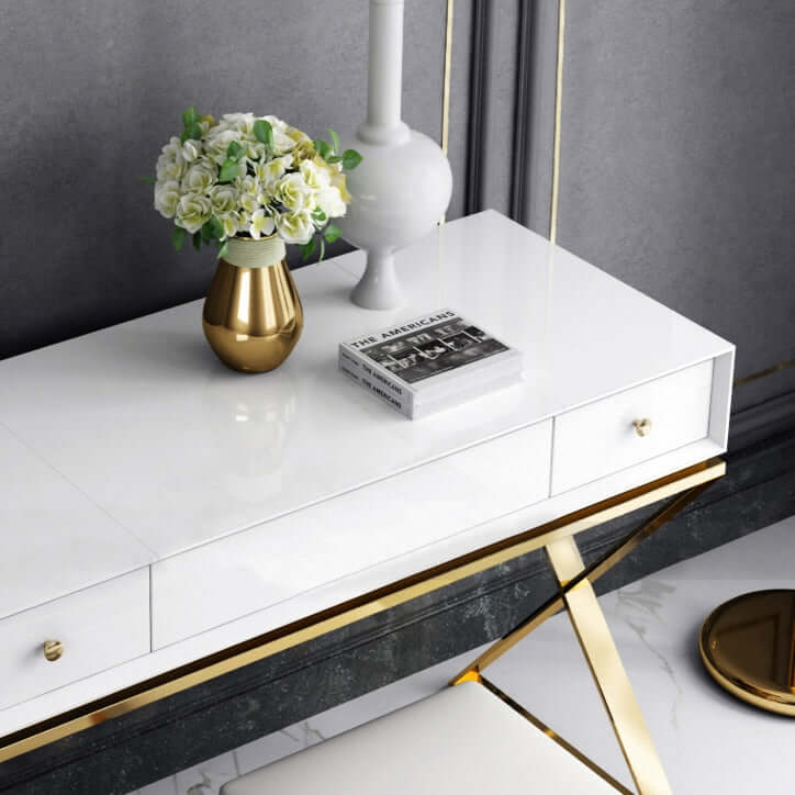 Modern 2-Drawer Wooden Makeup Vanity Set with Mirror & Stool - Gold X Base Stainless Steel | Perfect for Bedroom, Dressing Room & Beauty Salon Organization