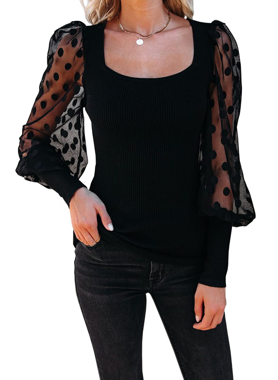 Miduo Women's Square Neck Polka Dot Balloon Long Sleeve Top - Slim Fit Ribbed Knit Blouse for Casual Wear, Office & Date Nights