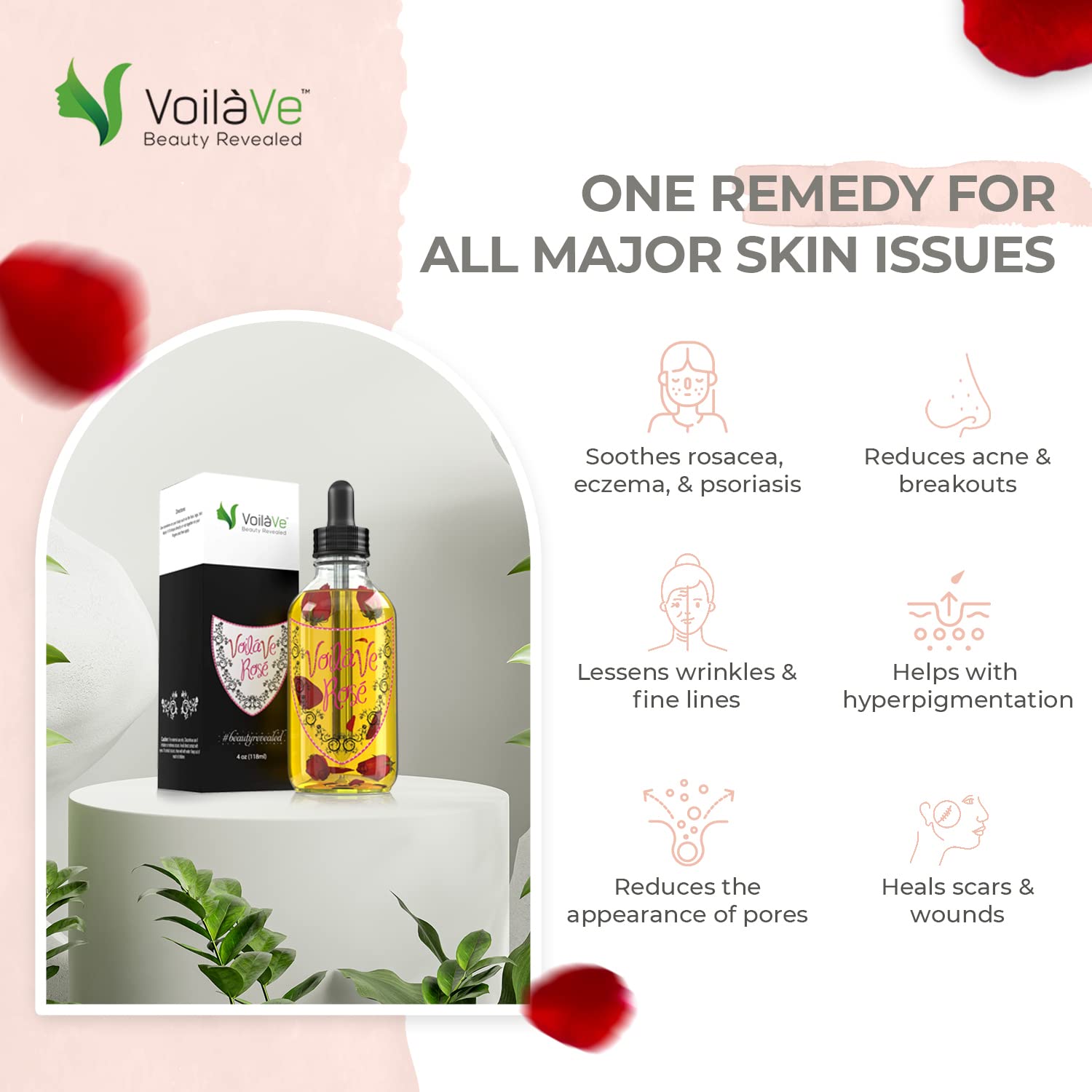 VoilaVe Organic Rose Oil for Face, Body & Hair - Natural Moisturizer for Dry Skin, Scalp, Nails & Cuticles - Anti-Aging Treatment Reduces Wrinkles, Scars & Stretch Marks - Infused with Rose Petals & Bergamot Essential Oil - 4 Fl Oz - Perfect for Daily Skincare, Massage & Aromatherapy