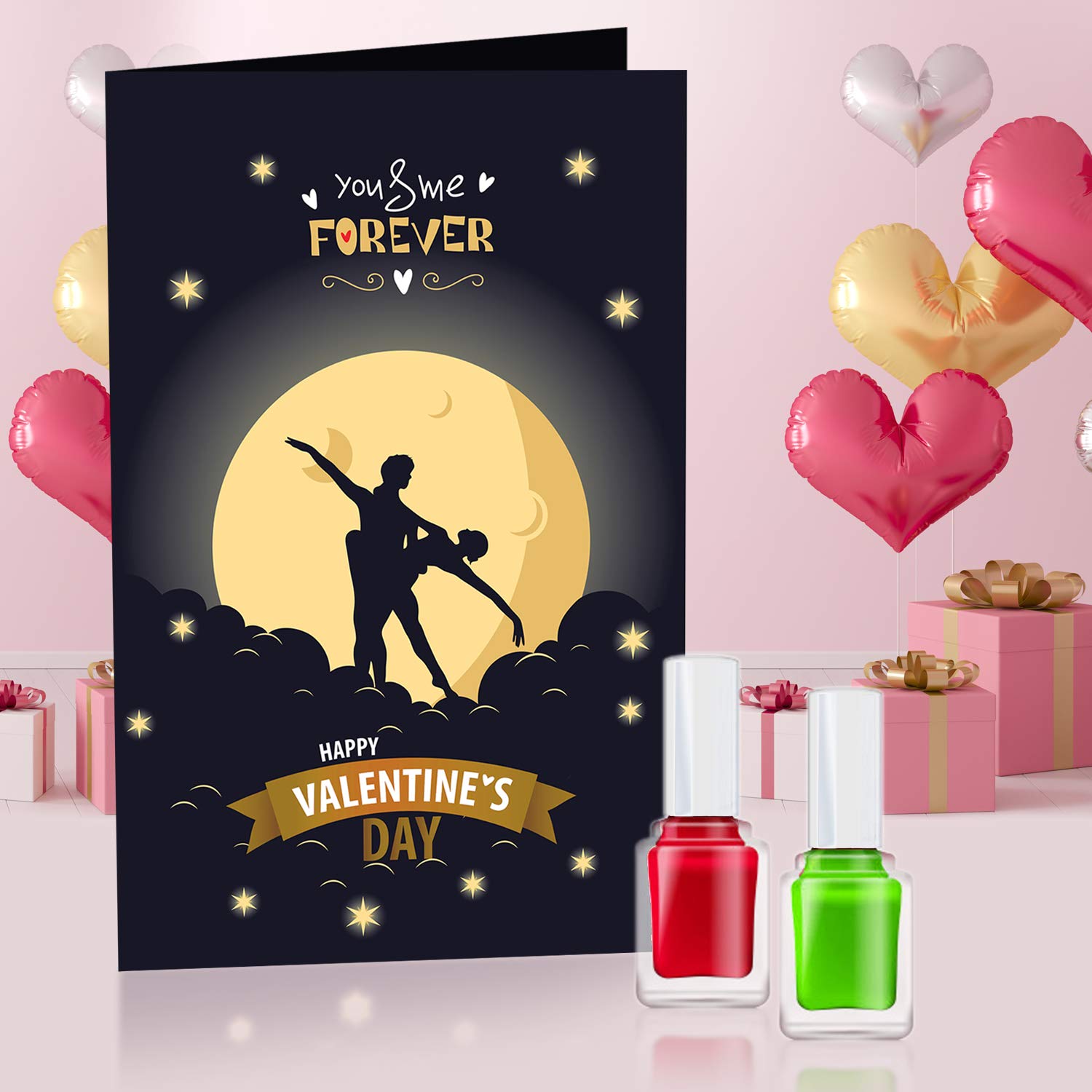 You and Me Forever Happy Valentine's Day Greeting Card with 2 Long Lasting Multicolor Nail Polishes for Women - Perfect Romantic Gift Set for Anniversaries, Birthdays & Couple's Occasions