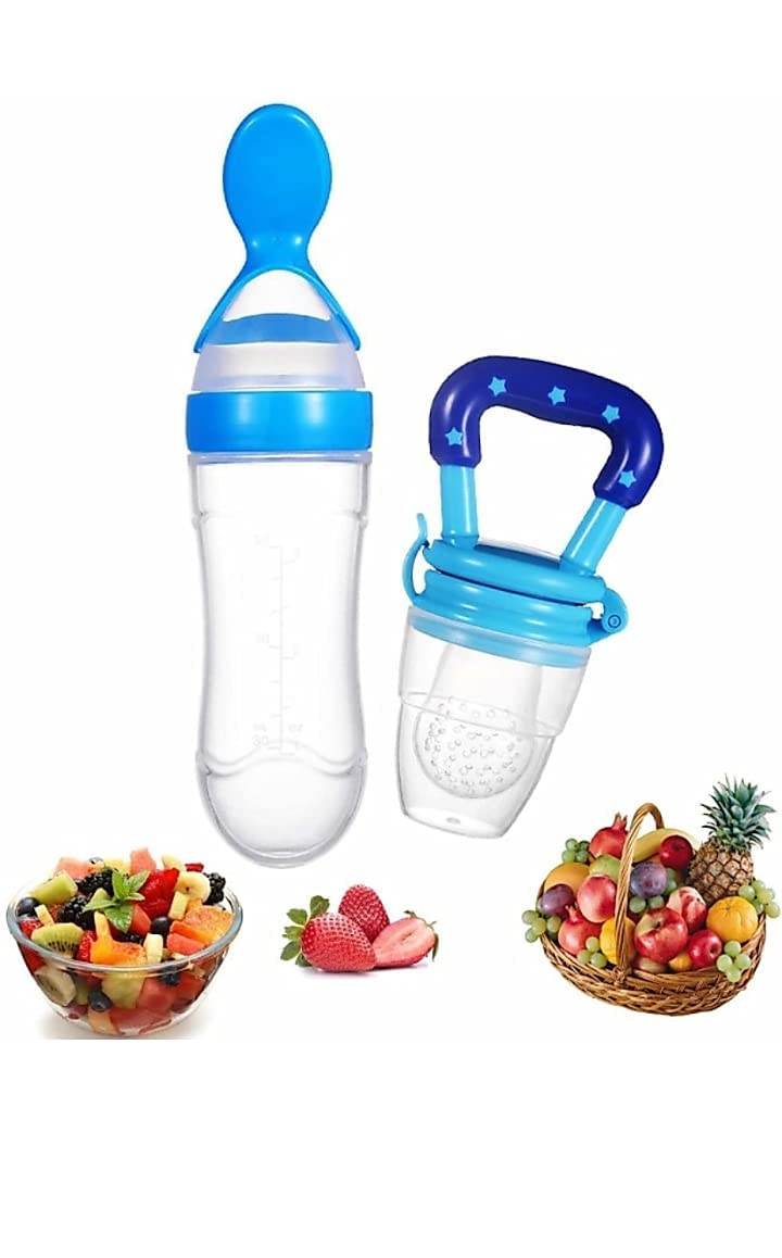 DKB Baby Feeding Set - Silicone Fruit Nibbler Pacifier & Squeeze Spoon Bottle for Milk & Cereal | Infant Feeding Essentials 0-12 Months | Blue Boy Design | Perfect for On-the-Go Meals & Travel
