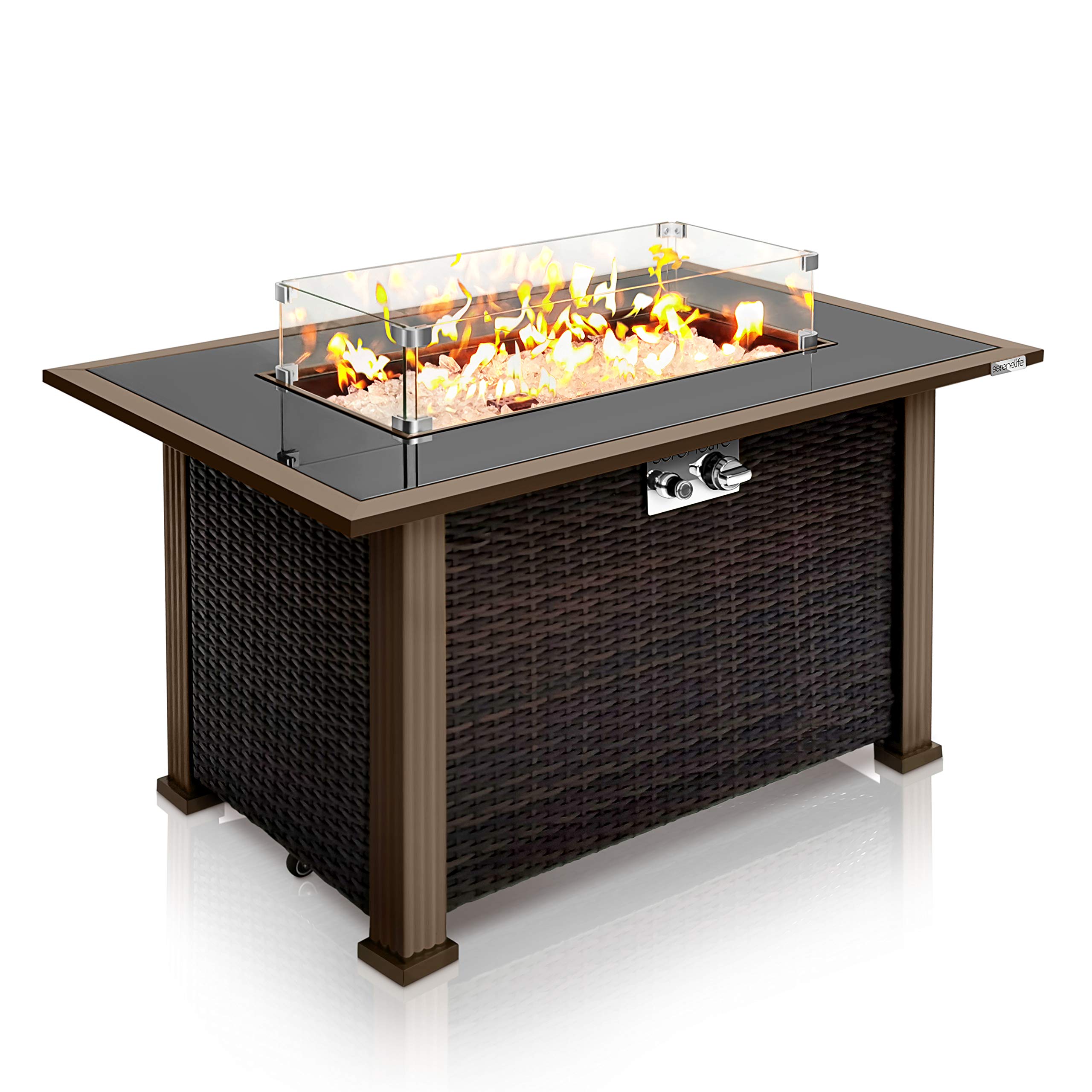 SereneLife 50,000 BTU Outdoor Propane Fire Pit Table with Auto-Ignition - Elegant Gas Fire Table with Rattan Panel, Black Tempered Glass Top & Wind Guard - Perfect for Patio, Backyard, Deck & Garden Gatherings - CSA Approved