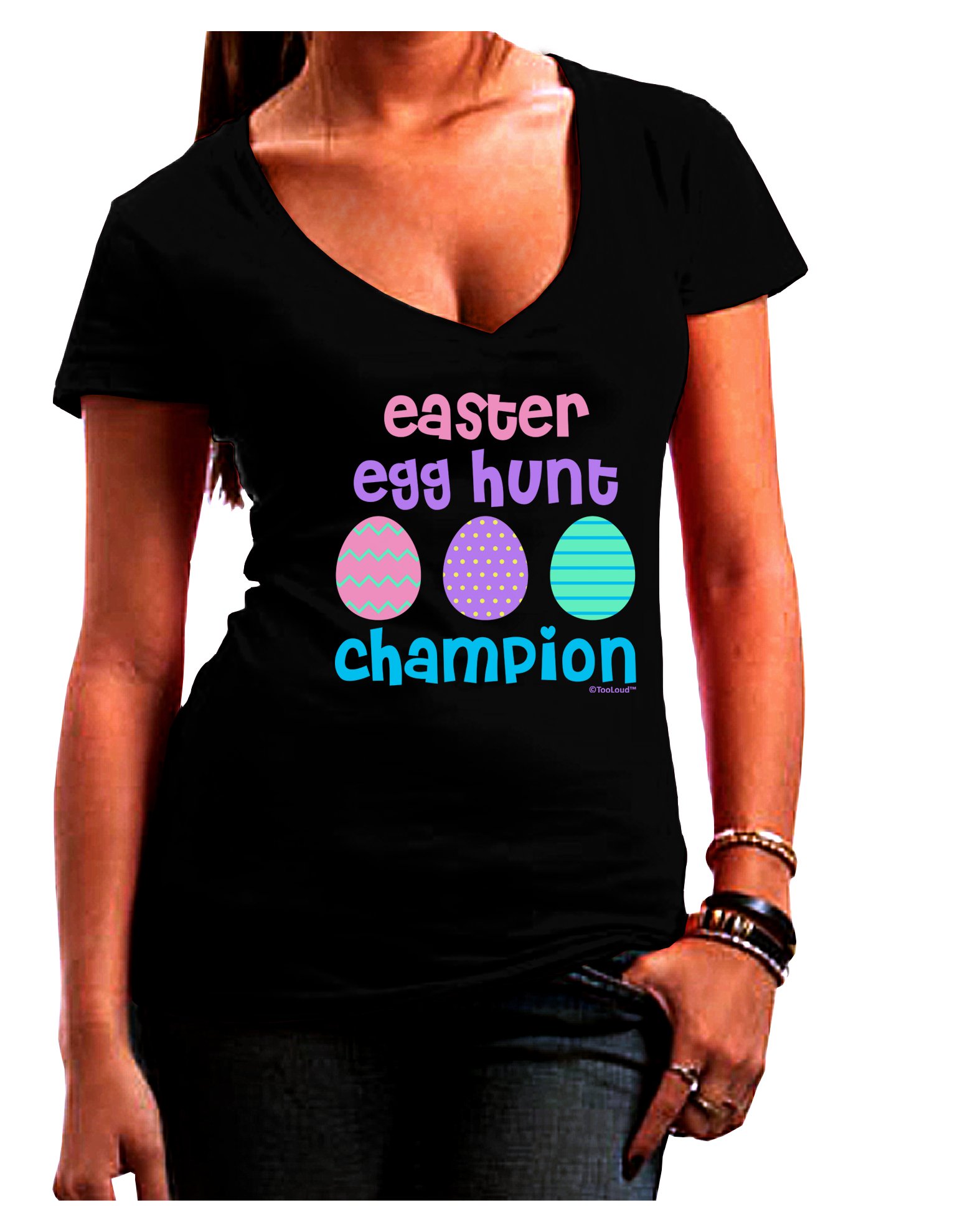 TooLoud Cute Easter Egg Hunt Champion Juniors V-Neck Dark T-Shirt - Fun Easter Outfit for Kids & Family Egg Hunting Activities