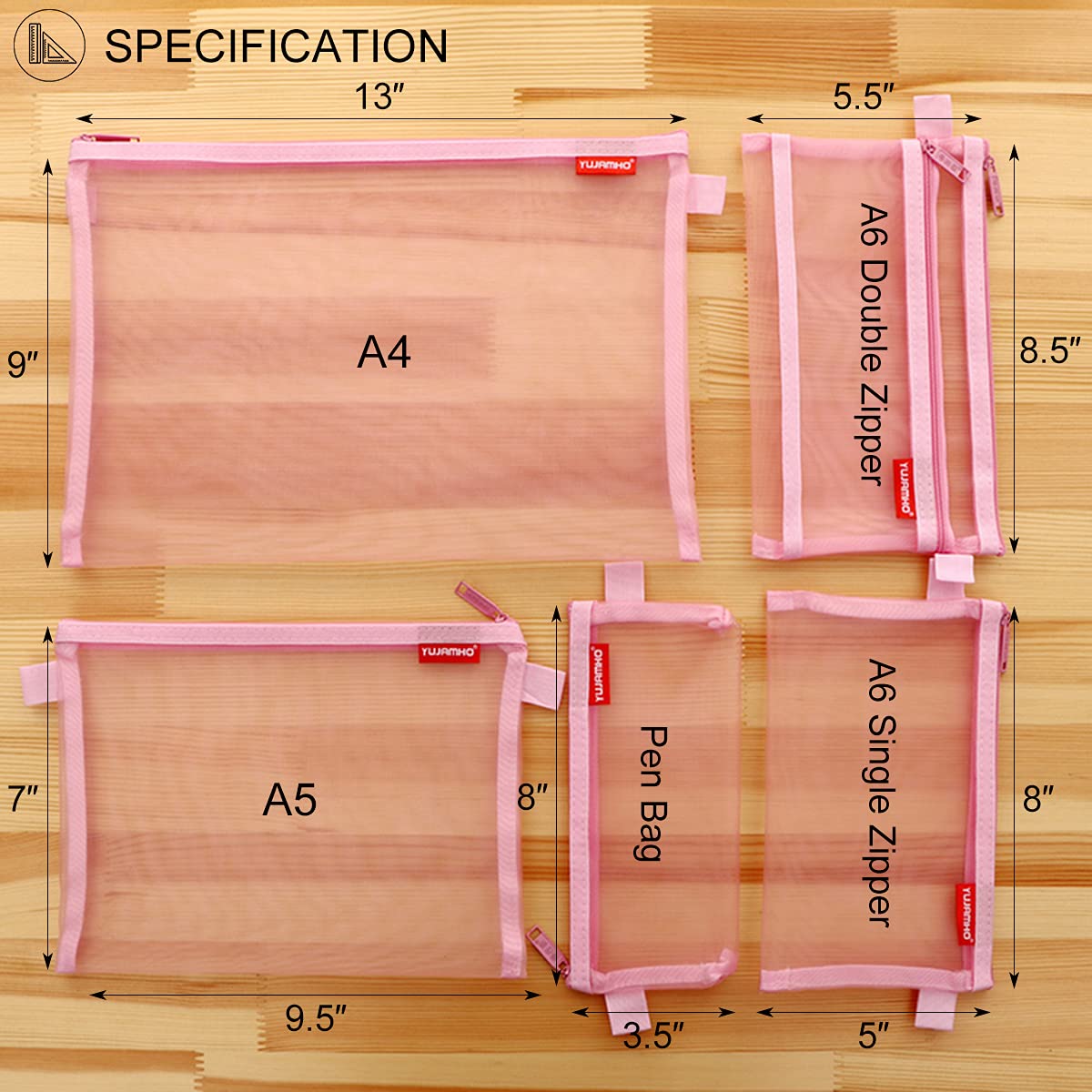 Mesh Zipper Pouch 5pcs - Lightweight Nylon Document Organizer for Travel & Office (Pink, A4/A5/A6) - Perfect for Cosmetics & Supplies Storage