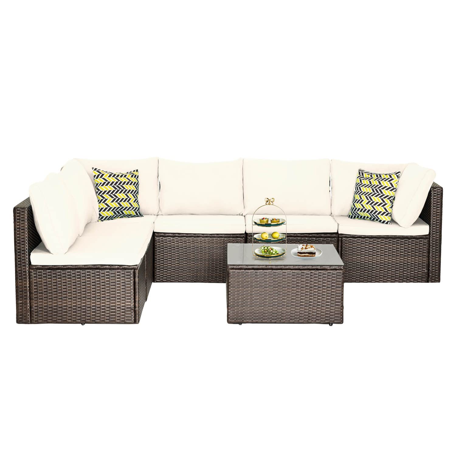 7-Piece Outdoor Patio Furniture Set - Wicker Conversation Sectional Sofa with Coffee Table - Khaki Cushioned Backyard, Porch, Balcony & Poolside Lounge Set for Relaxing & Entertaining