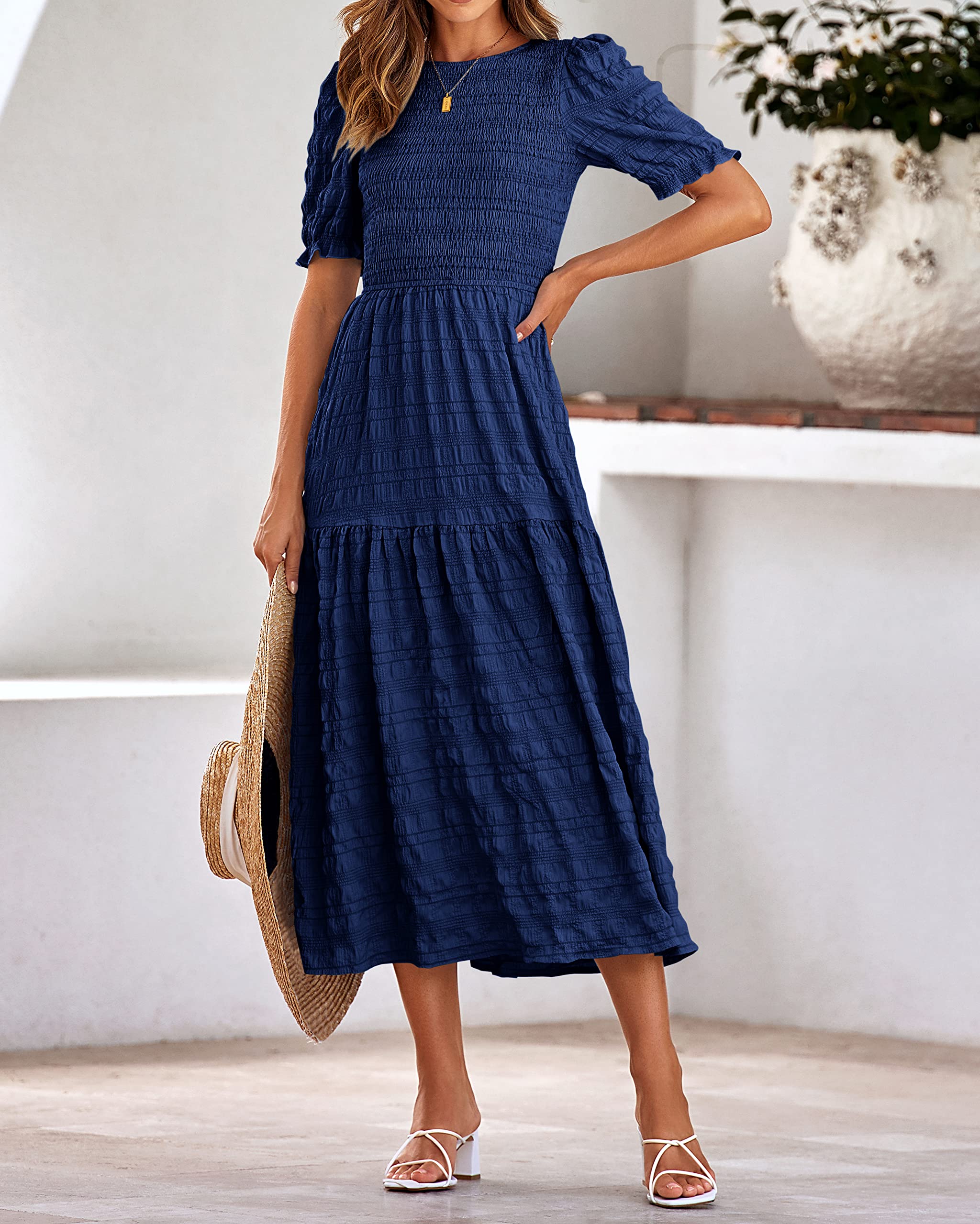 Dowerme Women's Summer Maxi Dress 2025 - Casual Short Sleeve Crewneck Boho Sundress with Smocked Waist & Flowy Ruffle Details | Perfect for Beach Parties, Vacations & Summer Outings