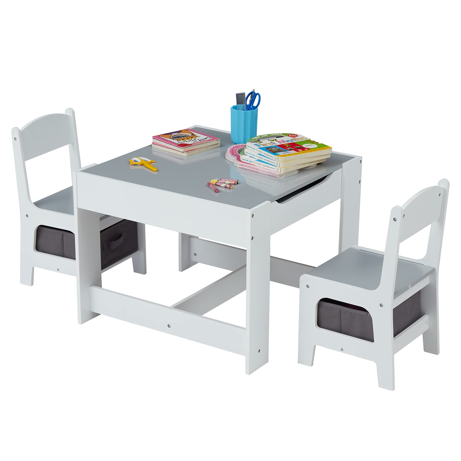 FIZZEEY 3-in-1 Kids Table and 2 Chairs Set - Toddler Activity Table for Ages 3-7 with Storage Drawer & Detachable Blackboard - Perfect for Playtime, Meals, Learning & Art - Space-Saving Grey Children's Furniture for Bedroom, Playroom or Classroom