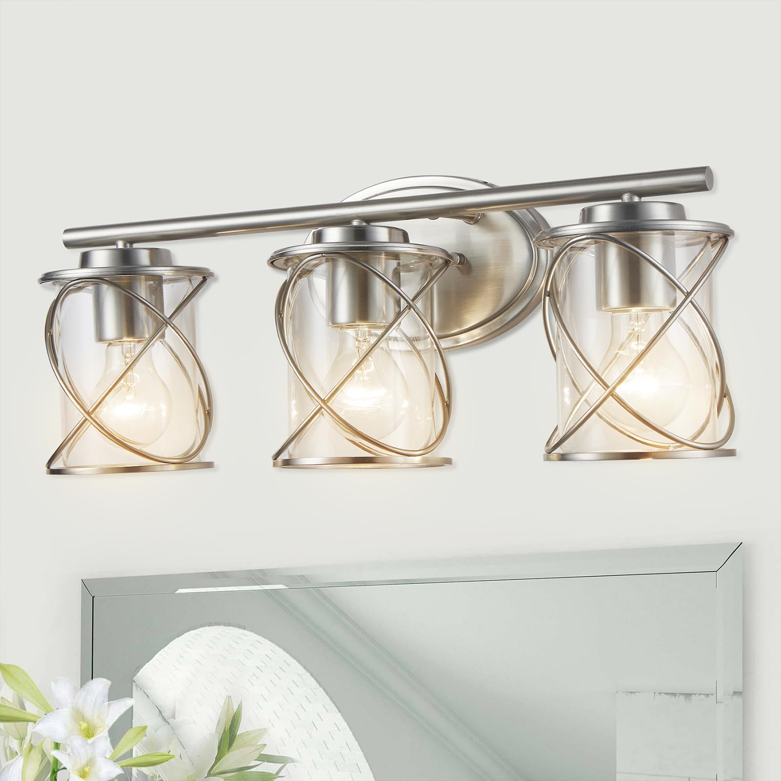 3-Lights Bathroom Vanity Lighting Fixtures - Brushed Nickel Farmhouse Wall Sconce with Clear Glass Shade - Perfect for Mirror Lighting in Bathroom, Kitchen, Bedroom and Dressing Room