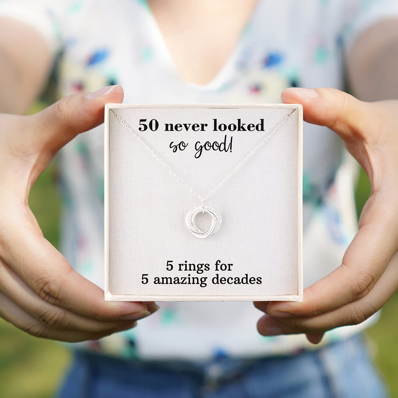 RareLove 50th Birthday Gifts for Women - 925 Sterling Silver 5 Rings Necklace for 50th Birthday, Anniversary & Special Occasions | Elegant Jewelry Gift for Wife, Mom & Loved Ones | Perfect for Celebrating Five Decades of Life
