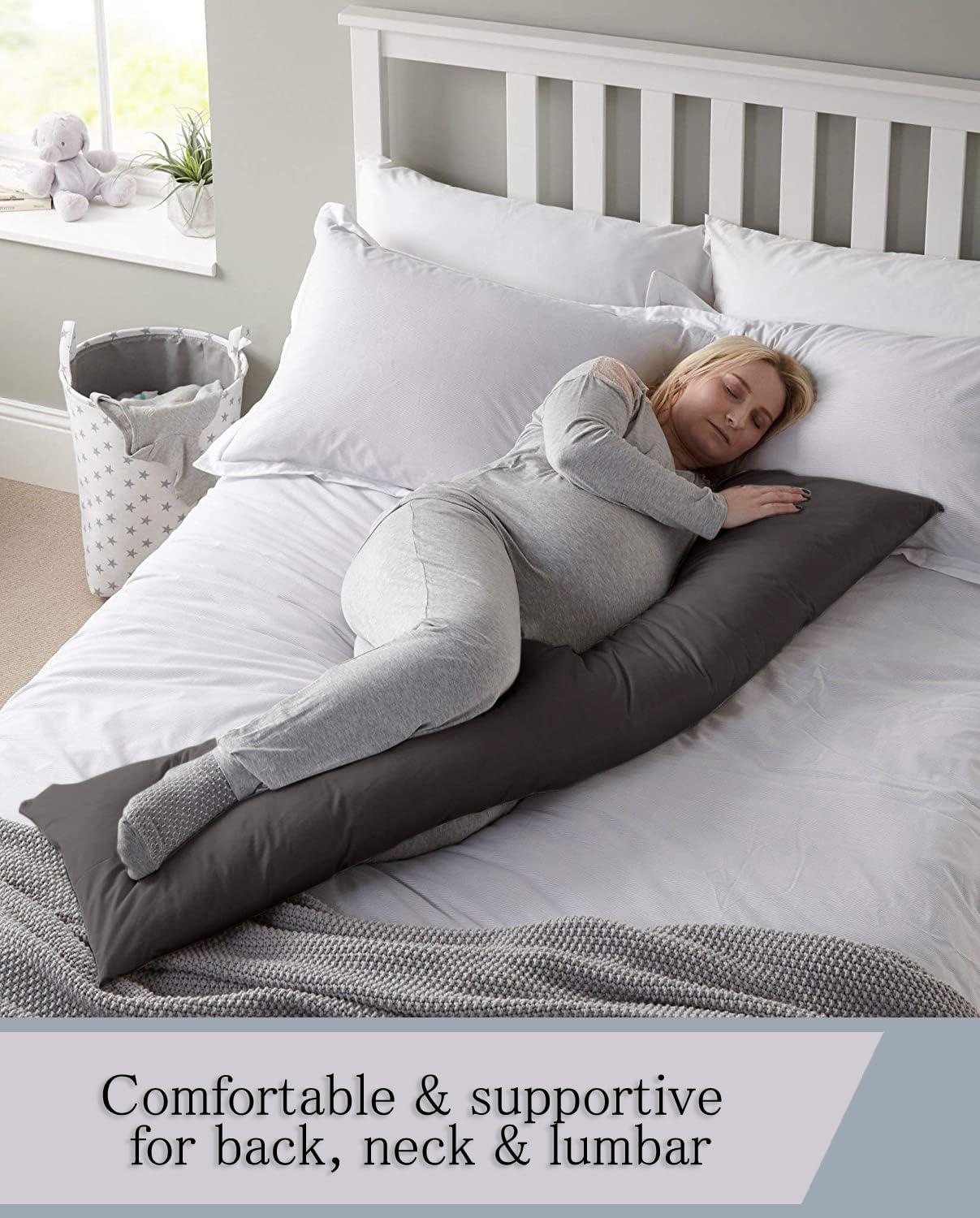 Premium 100% Natural Cotton Body Pillow Cover - 20x60 Inches, 600 Thread Count, Soft Grey with Zipper Closure - Perfect for Pregnancy, Back Support & Lounging Comfort