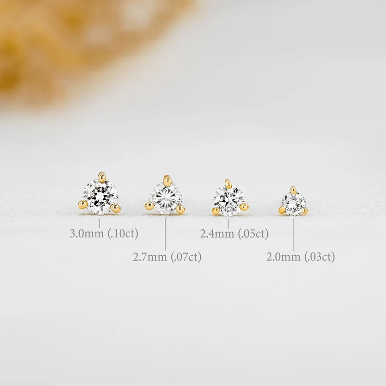 Minimalist Small Three Prong Stud Earrings - Single Low Profile Earring (Half Pair) SE017H - Perfect for Everyday Wear, Work & Special Occasions