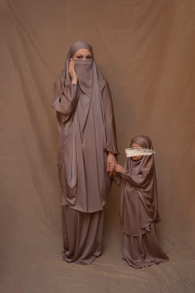 Kids Coffee Satin Prayer Dress with Adjustable Khimar - Islamic Prayer Outfit for Girls - Perfect for Eid, Ramadan & Mosque