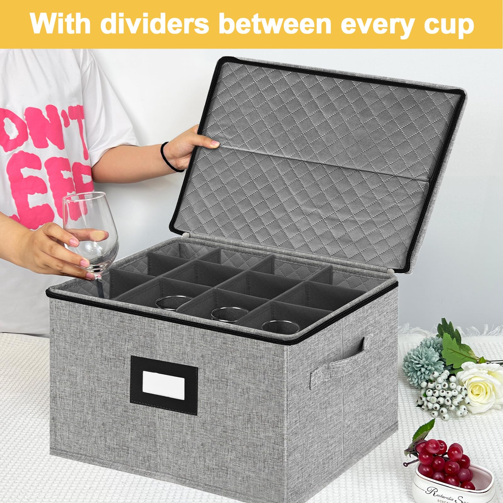 VERONLY 12-Piece Wine Glass Storage Box with Dividers - Hard Shell Quilted Protector for Stemware, Crystal & Glassware - Stackable, Light Grey - Perfect for Home Bar, Kitchen Organization & Party Serving