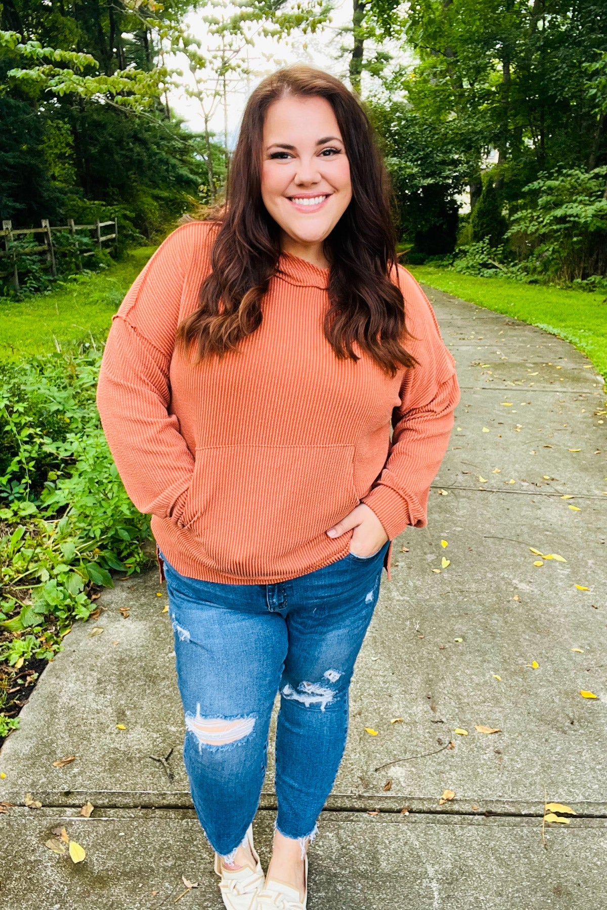 Cozy Days Rust Mineral Wash Rib Knit Hoodie - Soft Vintage Pullover for Women & Men | Perfect for Fall Layering, Casual Outfits & Loungewear