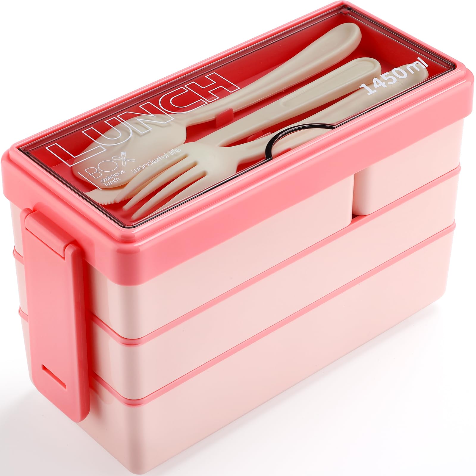 3-Tier Bento Box Lunch Container - 1450ml Leak-Proof Japanese Style Meal Prep Box with 4 Compartments & Cutlery Set - Stackable Microwave & Dishwasher Safe for Adults & Kids - Perfect for Office, School & Picnic (Pink)