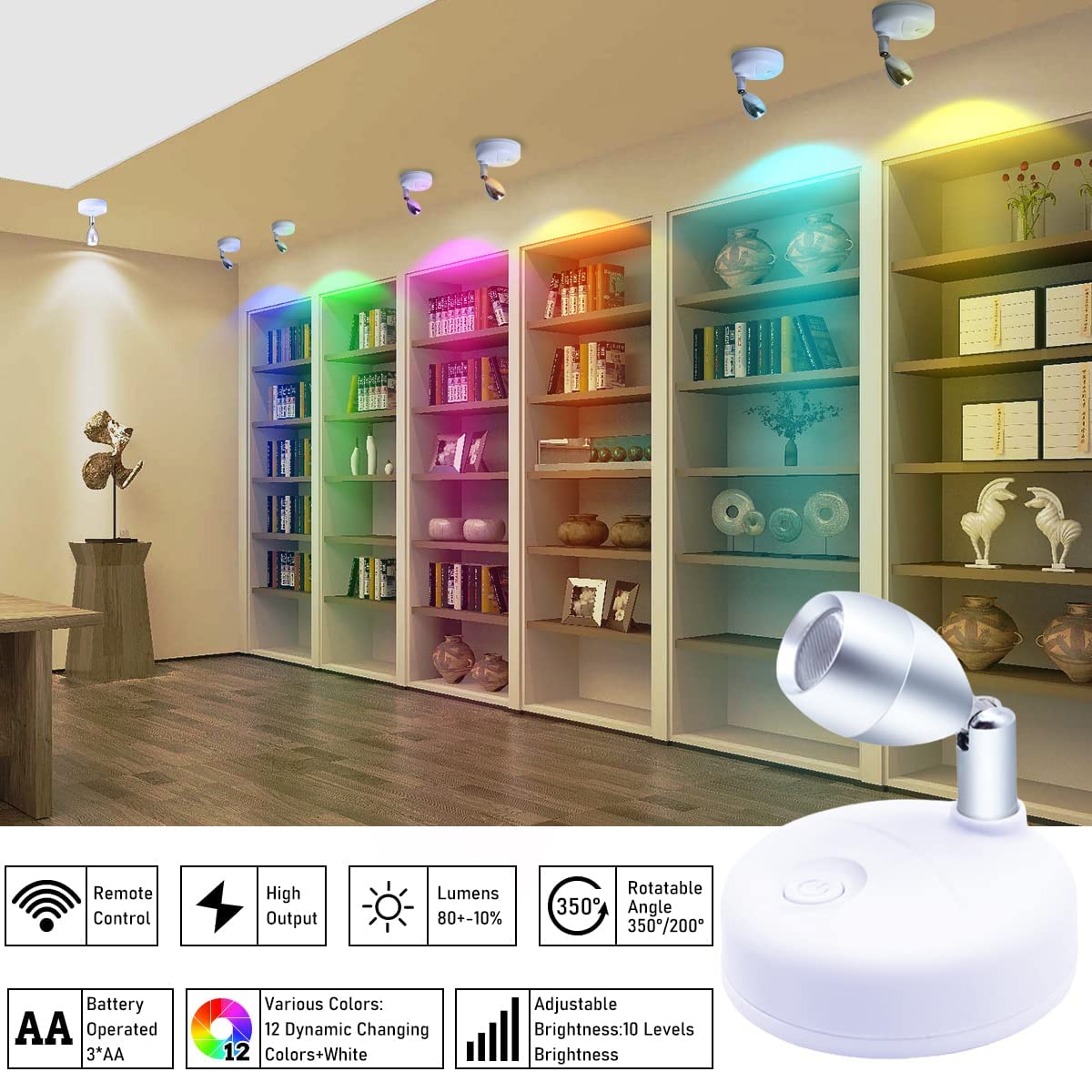 Wireless LED Spotlight for Indoor Use - Battery Operated Dimmable Accent Light with Rotatable Head & Timer - Perfect for Artwork, Paintings, Statues & Home Decor