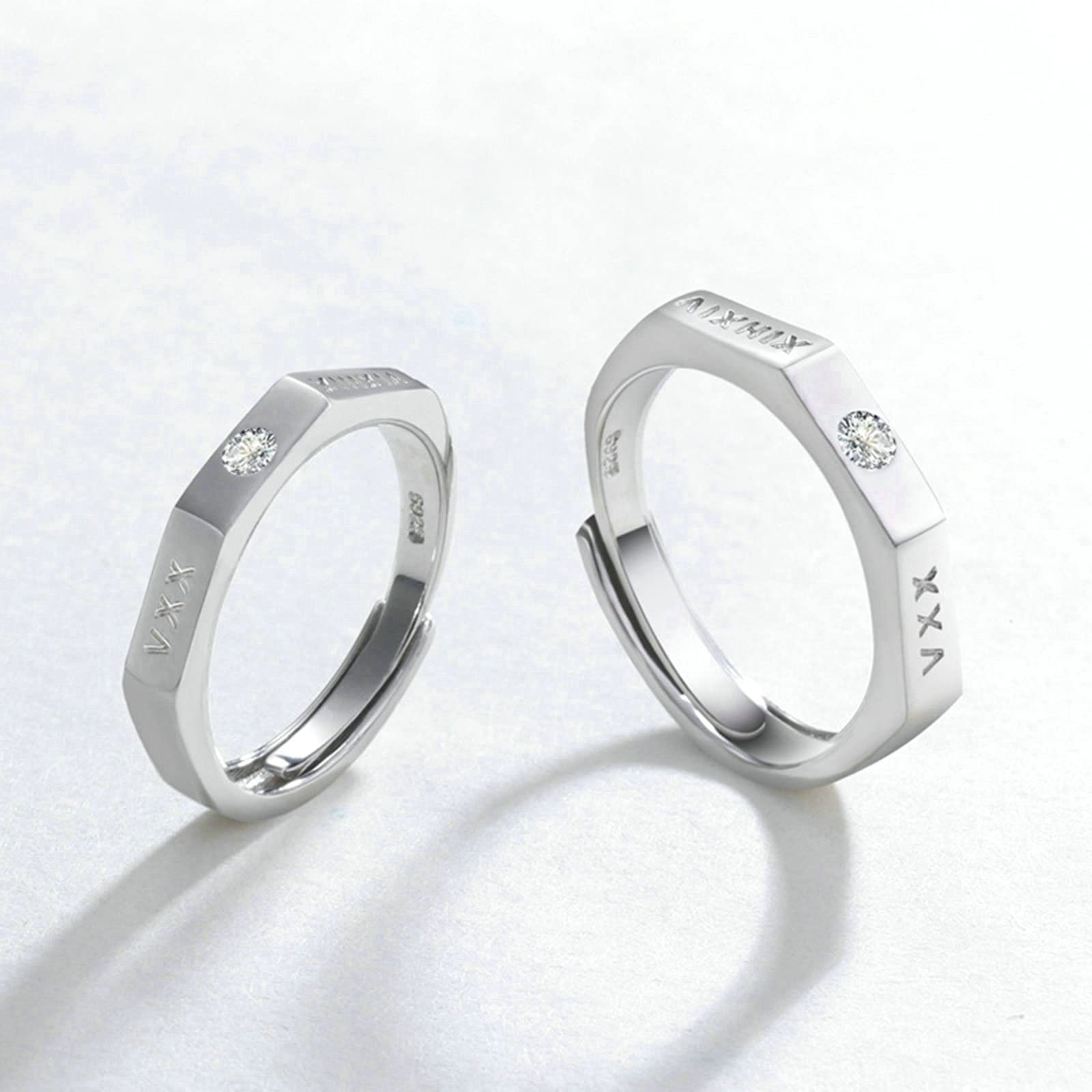 Personalized Sterling Silver Couple Engagement Rings with Roman Numerals & Cubic Zirconia - Adjustable Wedding Bands for Him & Her - Perfect for Anniversaries, Proposals, and Romantic Gifts