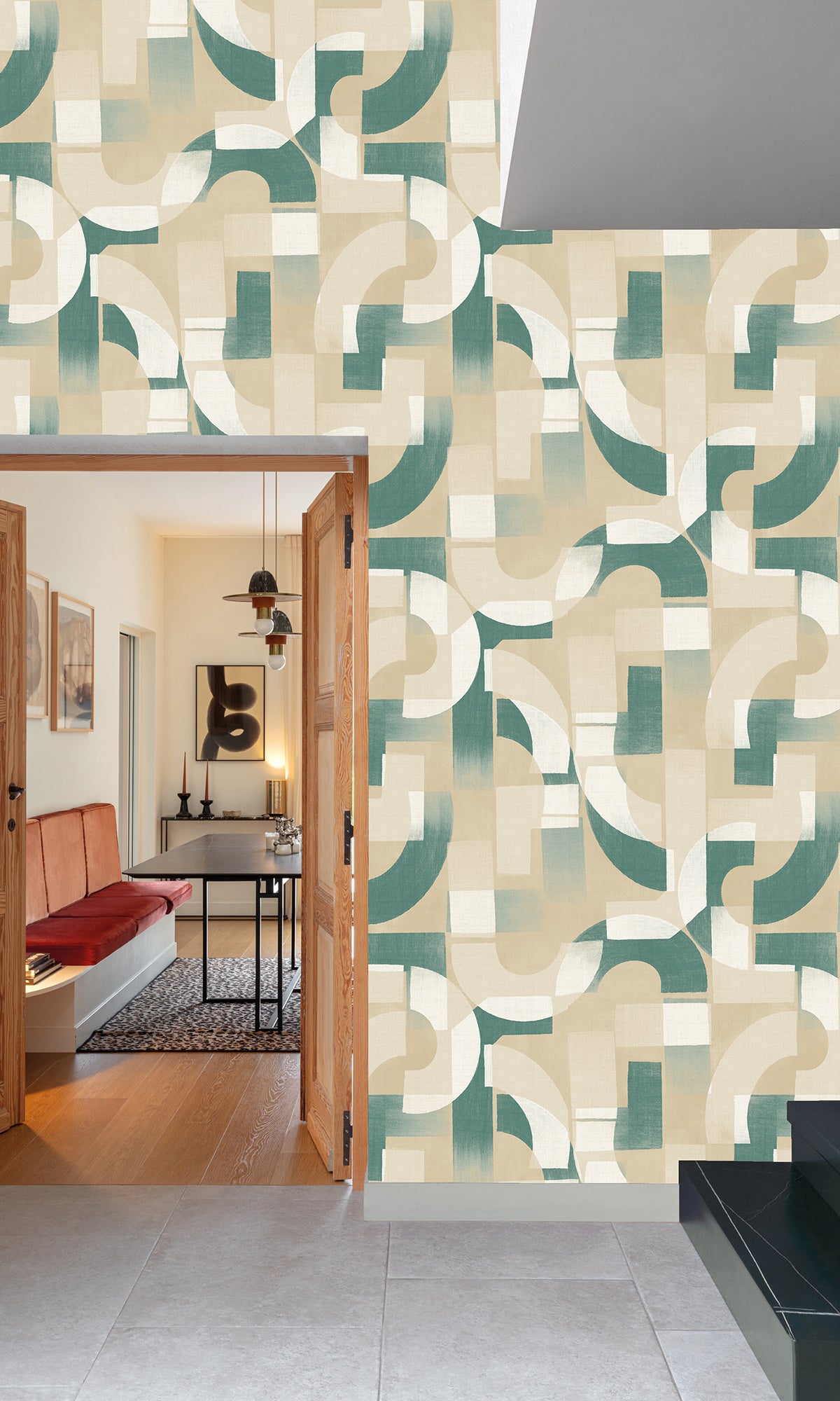 Bone & Viridian Green Geometric Collage Peel and Stick Wallpaper R9736 - Modern Self-Adhesive Wall Covering for Living Room, Bedroom, or Office Decor