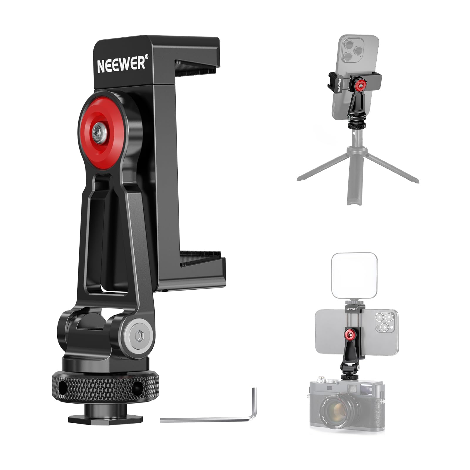 NEEWER Universal Metal Phone Tripod Mount with Cold Shoe Mounts - Adjustable Phone Holder for iPhone 15 Pro Max, Samsung Galaxy, Google Pixel - Compatible with Canon, Nikon, Sony Camera Cages - Perfect for Vlogging, Photography & Video Shooting (Model PA001)