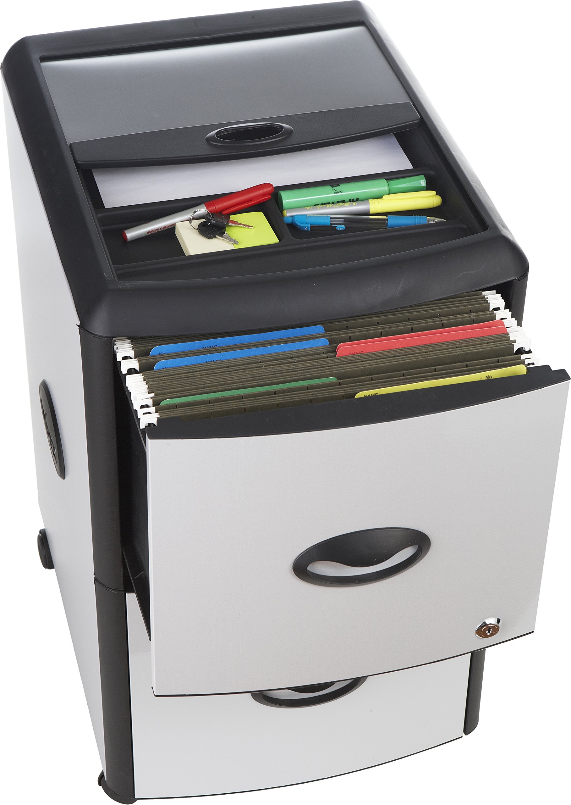 Storex 2-Drawer Mobile File Cabinet with Roll Top - Gray/Black Plastic Storage Organizer with Metal Accents, 19 x 15 x 25 Inches - Perfect for Office, Home, or Classroom Organization
