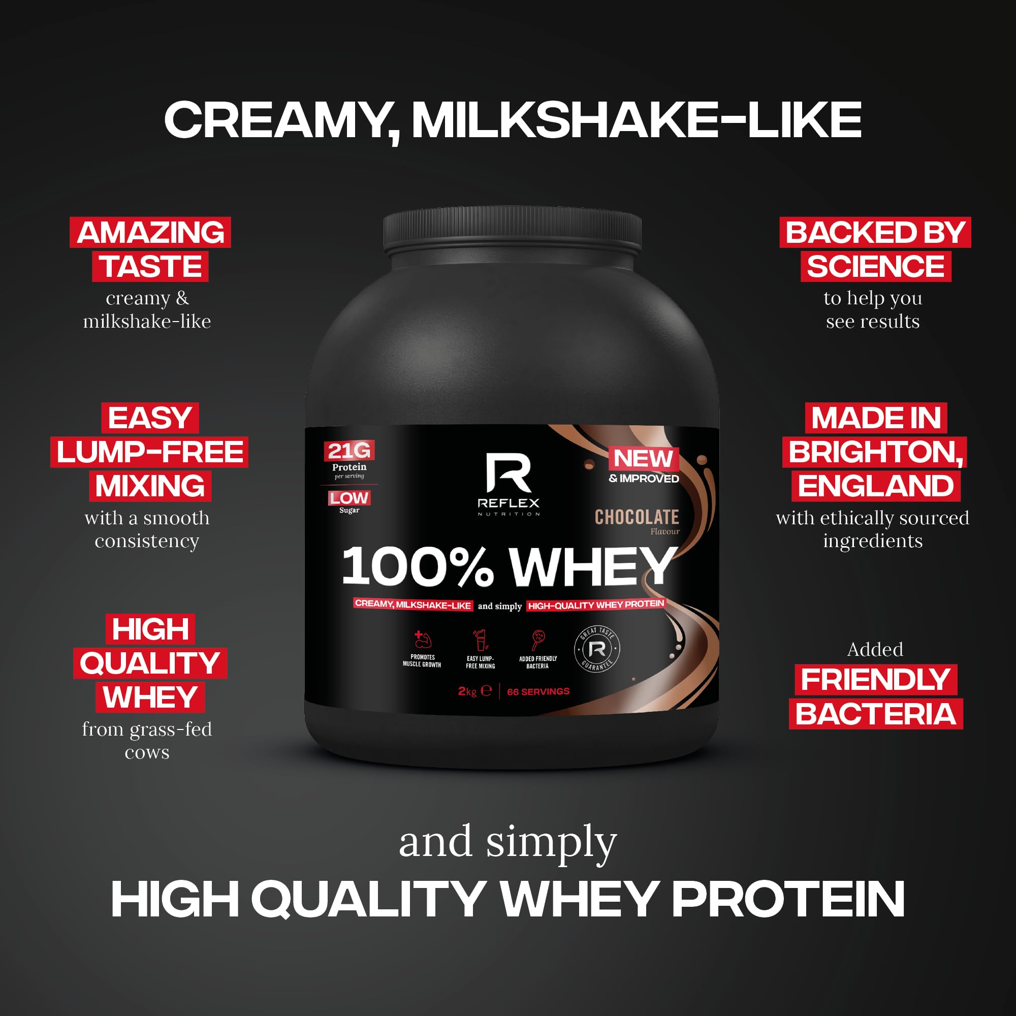 Reflex Nutrition 100% Whey Protein Powder - 80% Pure Whey with EAA Amino Acids - No Added Sugar - Pre & Post Workout Supplement for Muscle Recovery (Chocolate Flavor, 2kg/4.4lb, 66 Servings) - Ideal for Gym, Fitness & Bodybuilding Training